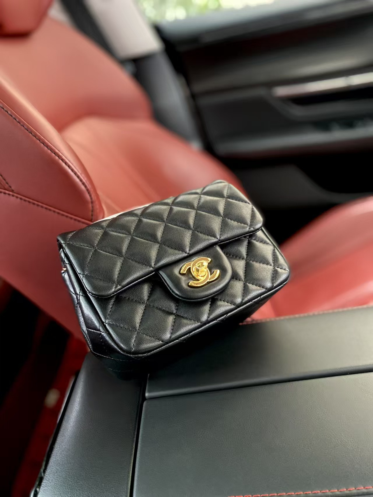 Ch*el mini classic handbag lambskin & gold-tone metal black 13.5x 17x8cm