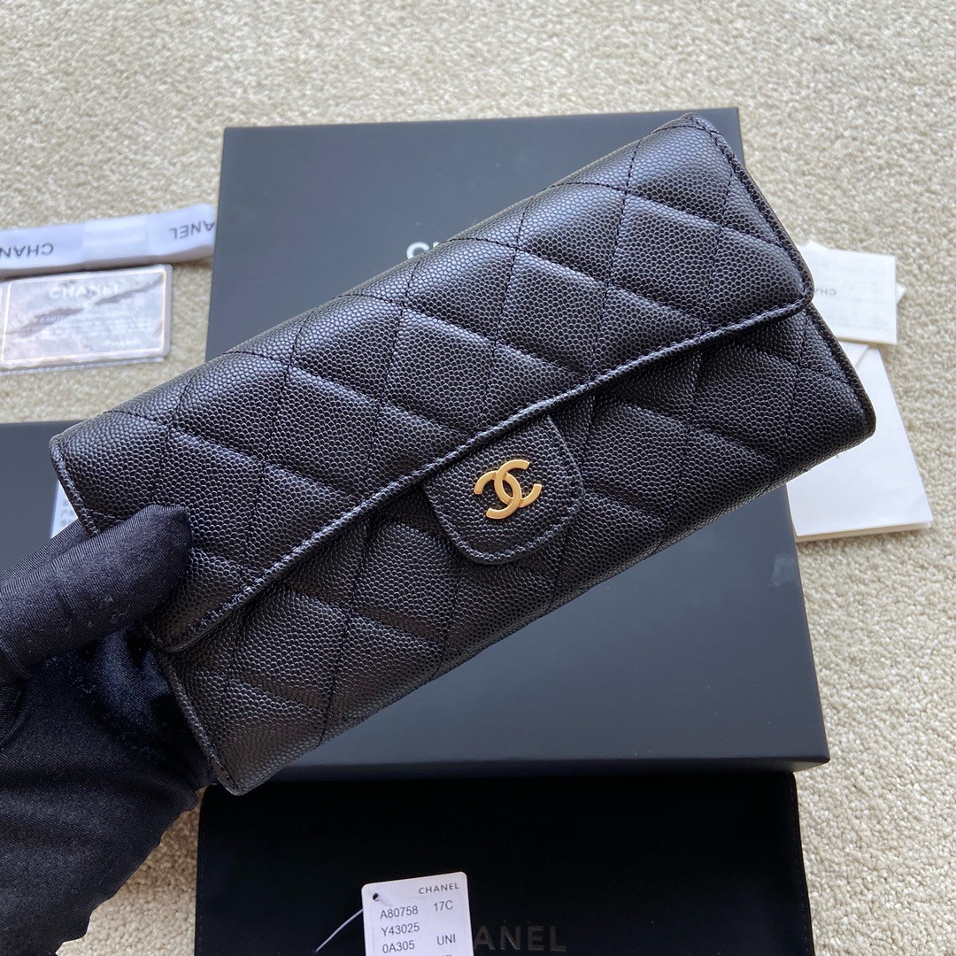 Ch*el FLAP WALLET GRAINED LEATHER BLACK GOLD 19.5 x10 cm