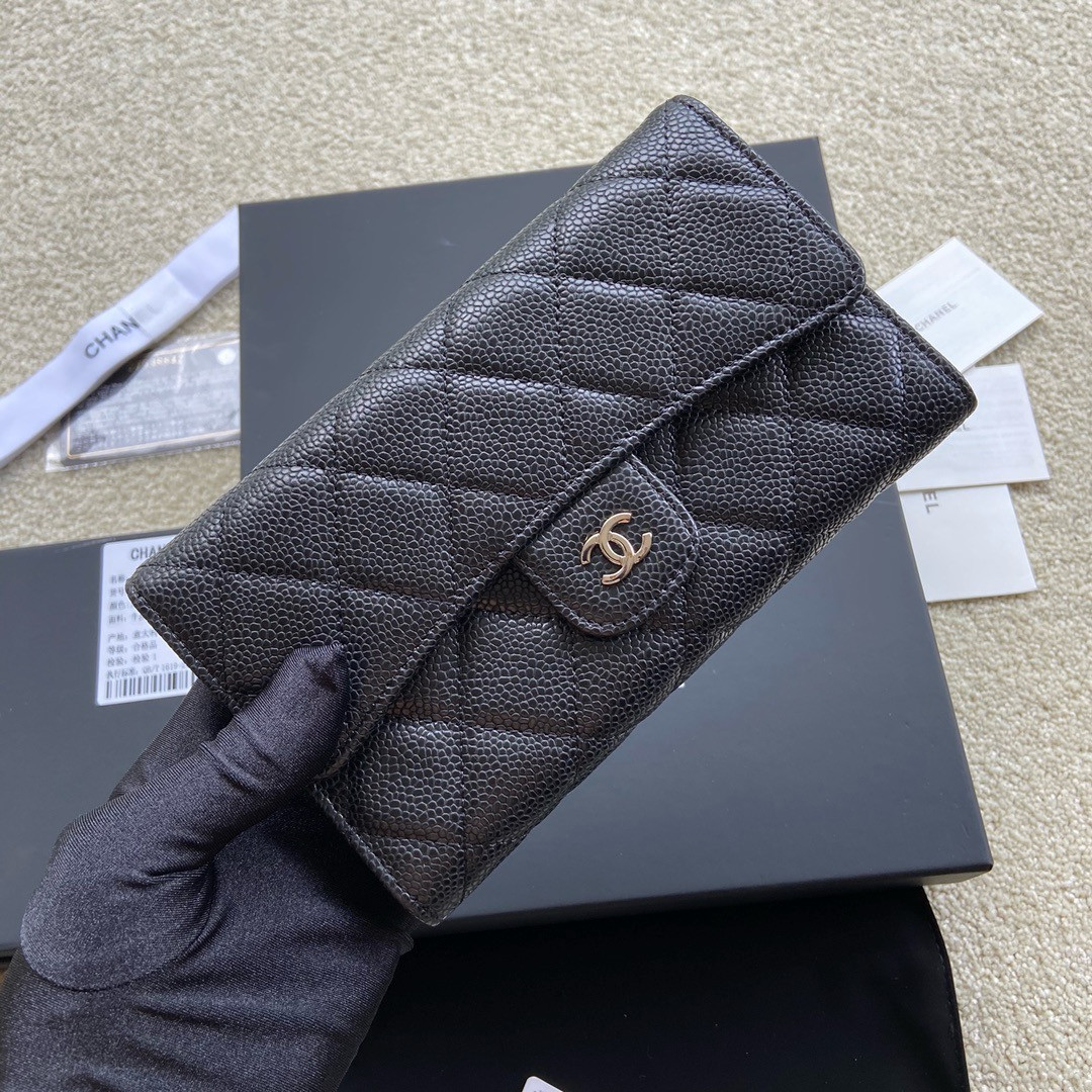 Ch*el FLAP WALLET GRAINED LEATHER BLACK 19.5 x10 cm