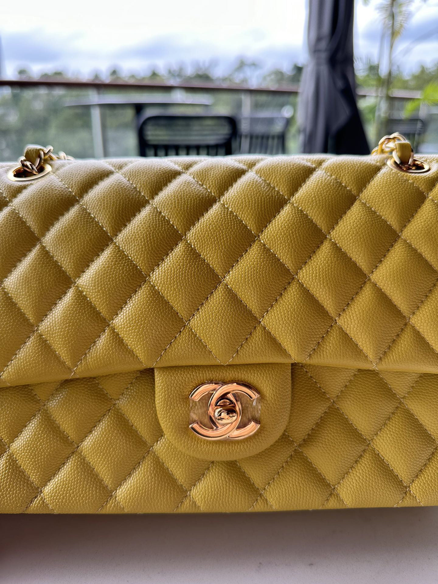 Ch*el CLASSIC HANDBAG GRAINED CALFSKIN & GOLD-TONE METAL yellow 6×9.9×2.5 in