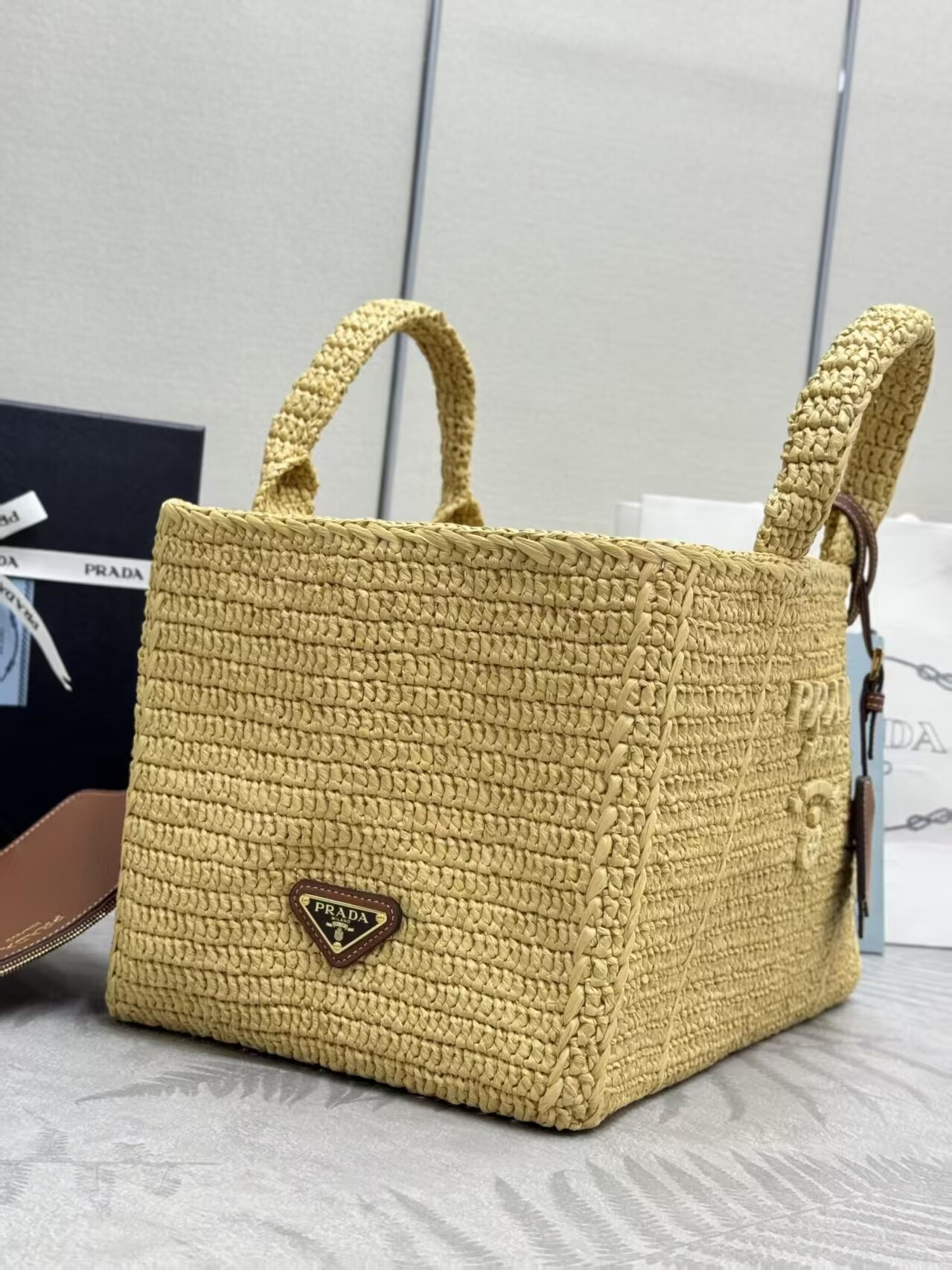 Pra*a large crochet tote bag with leather details without box 23.5x35x22cm