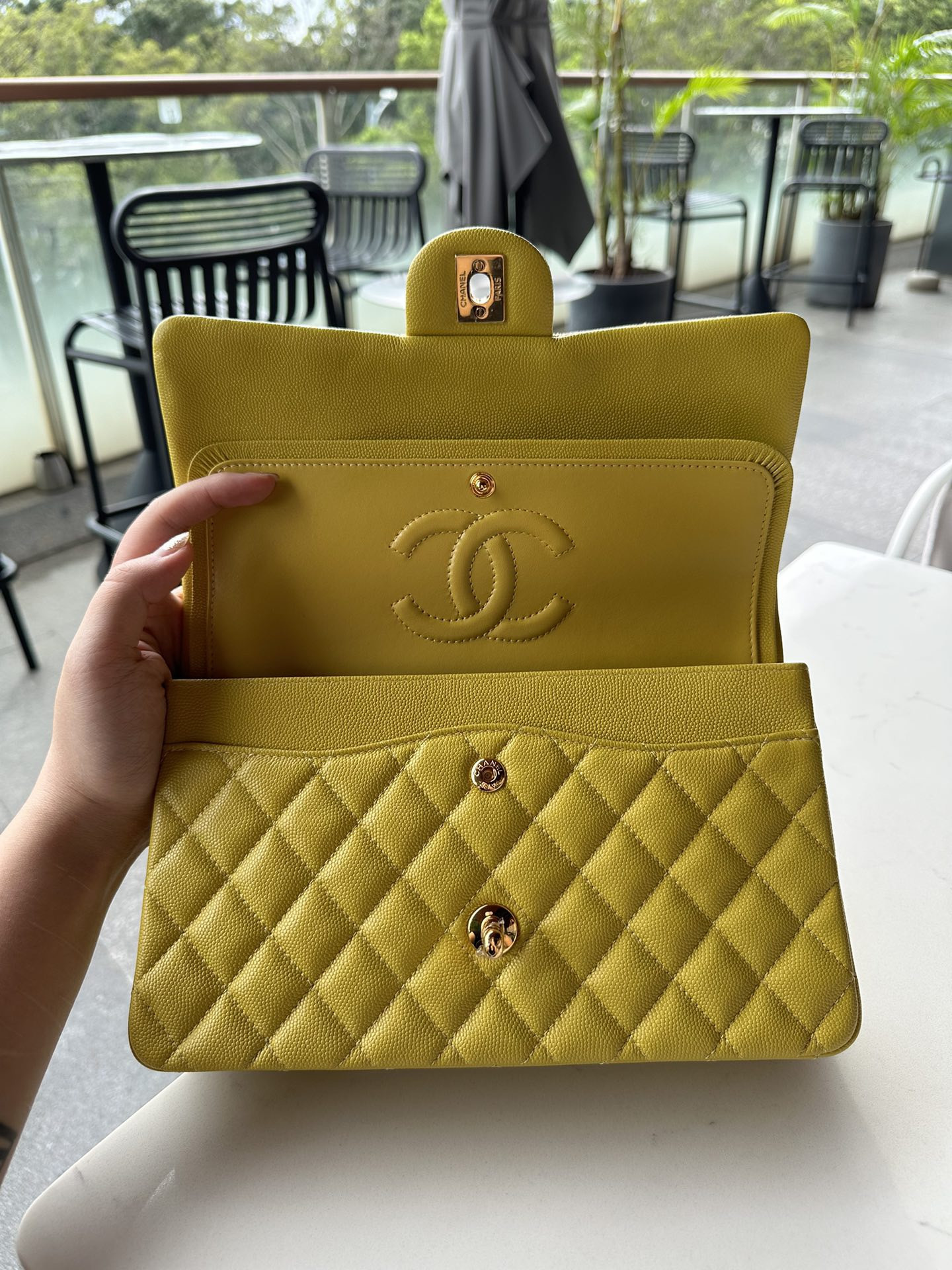 Ch*el CLASSIC HANDBAG GRAINED CALFSKIN & GOLD-TONE METAL yellow 6×9.9×2.5 in