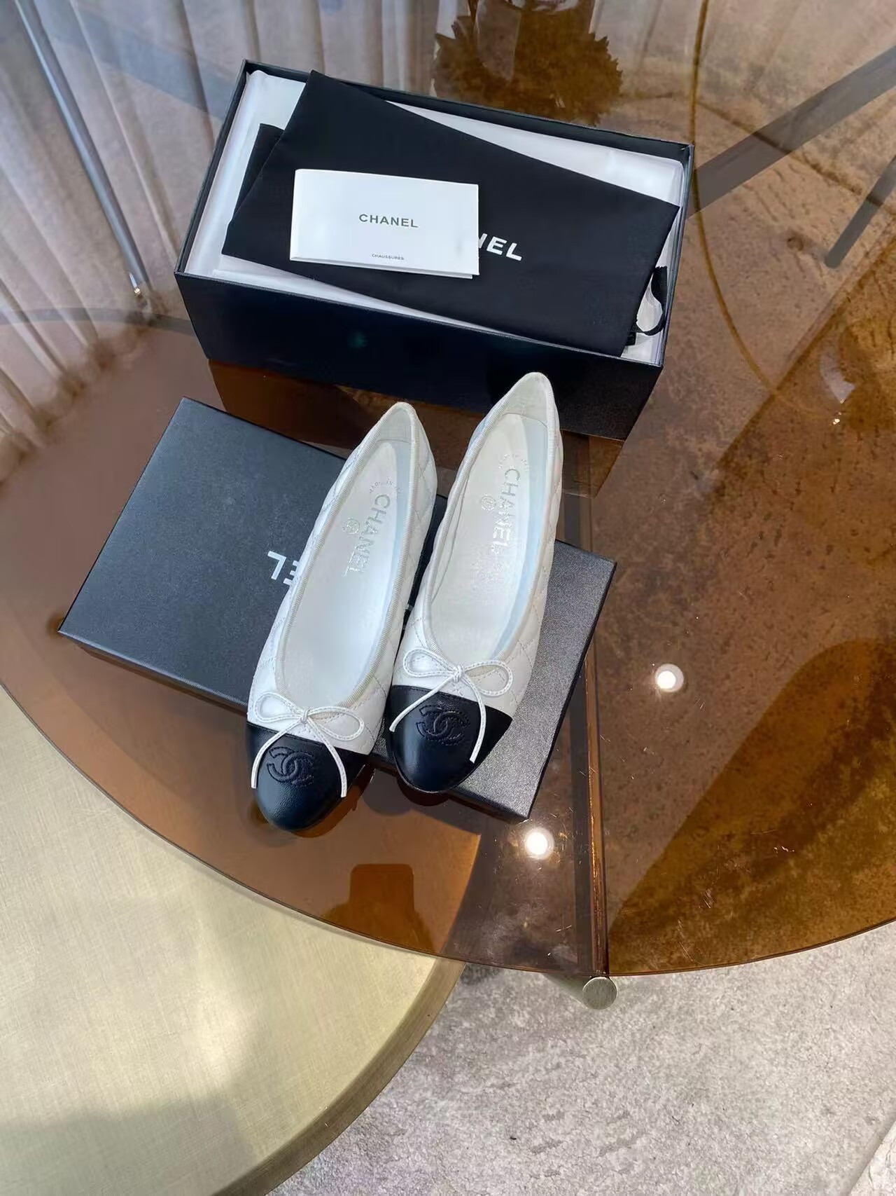 Ch*el BALLET FLATS Aged Calfskin White & Black