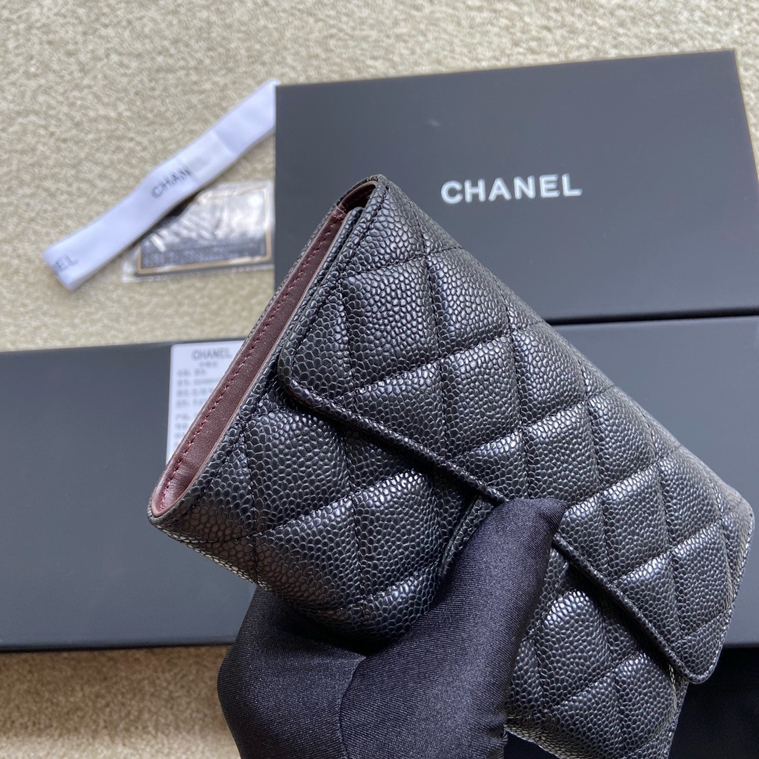 Ch*el FLAP WALLET GRAINED LEATHER BLACK 19.5 x10 cm