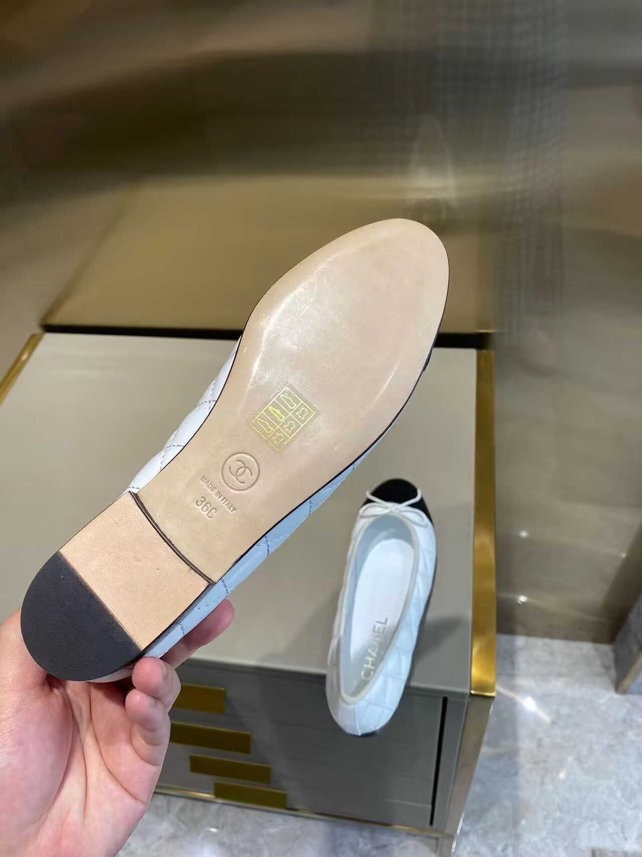 Ch*el BALLET FLATS Aged Calfskin White & Black
