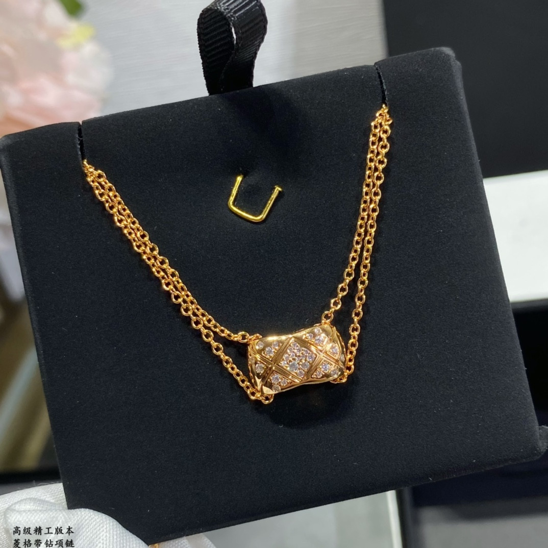 Ch*el Carved diamond with diamond Necklace