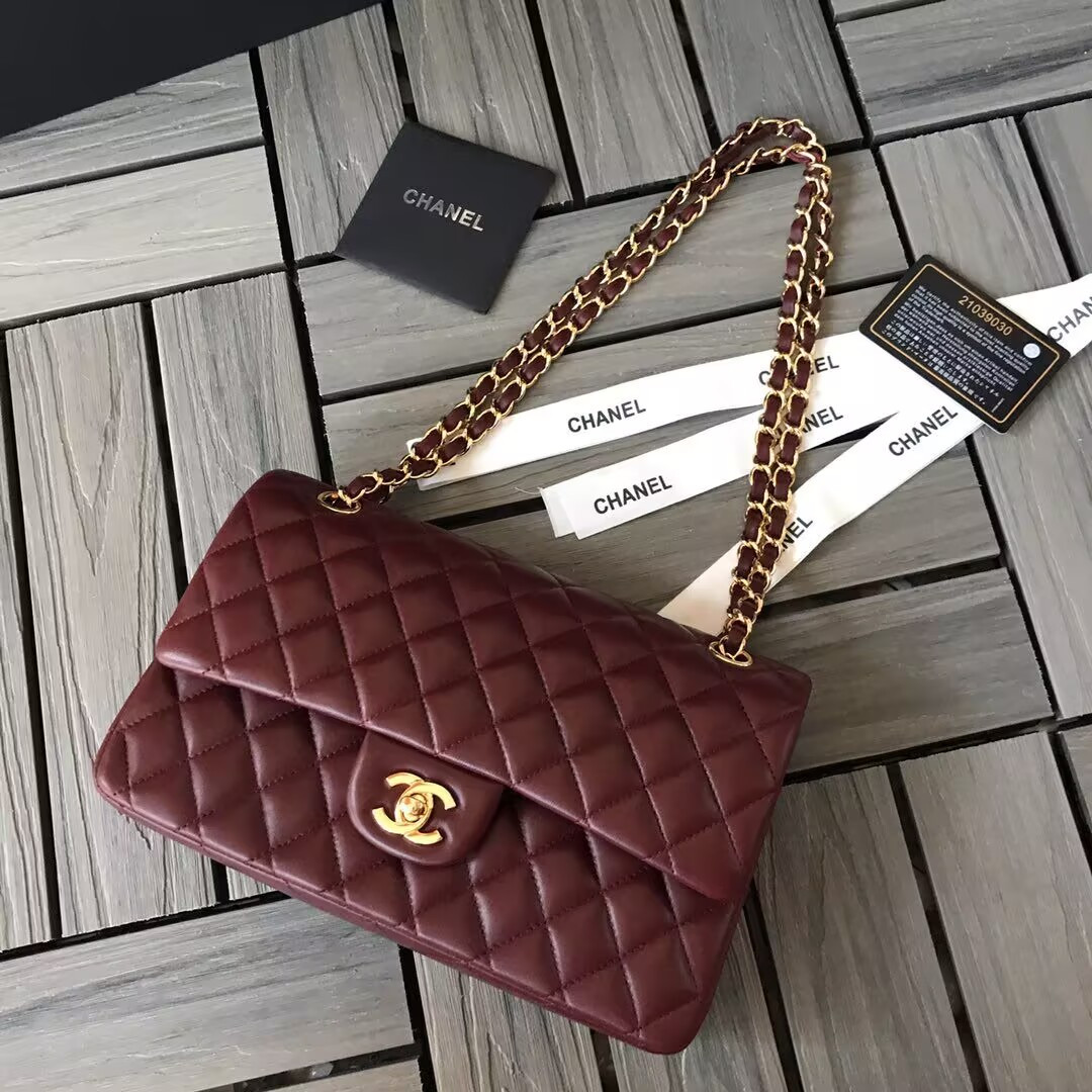 Ch*el CLASSIC 11.12 HANDBAG Lambskin &Brown Metal Burqundy 15.5 x 25.5 x 6.5 cm