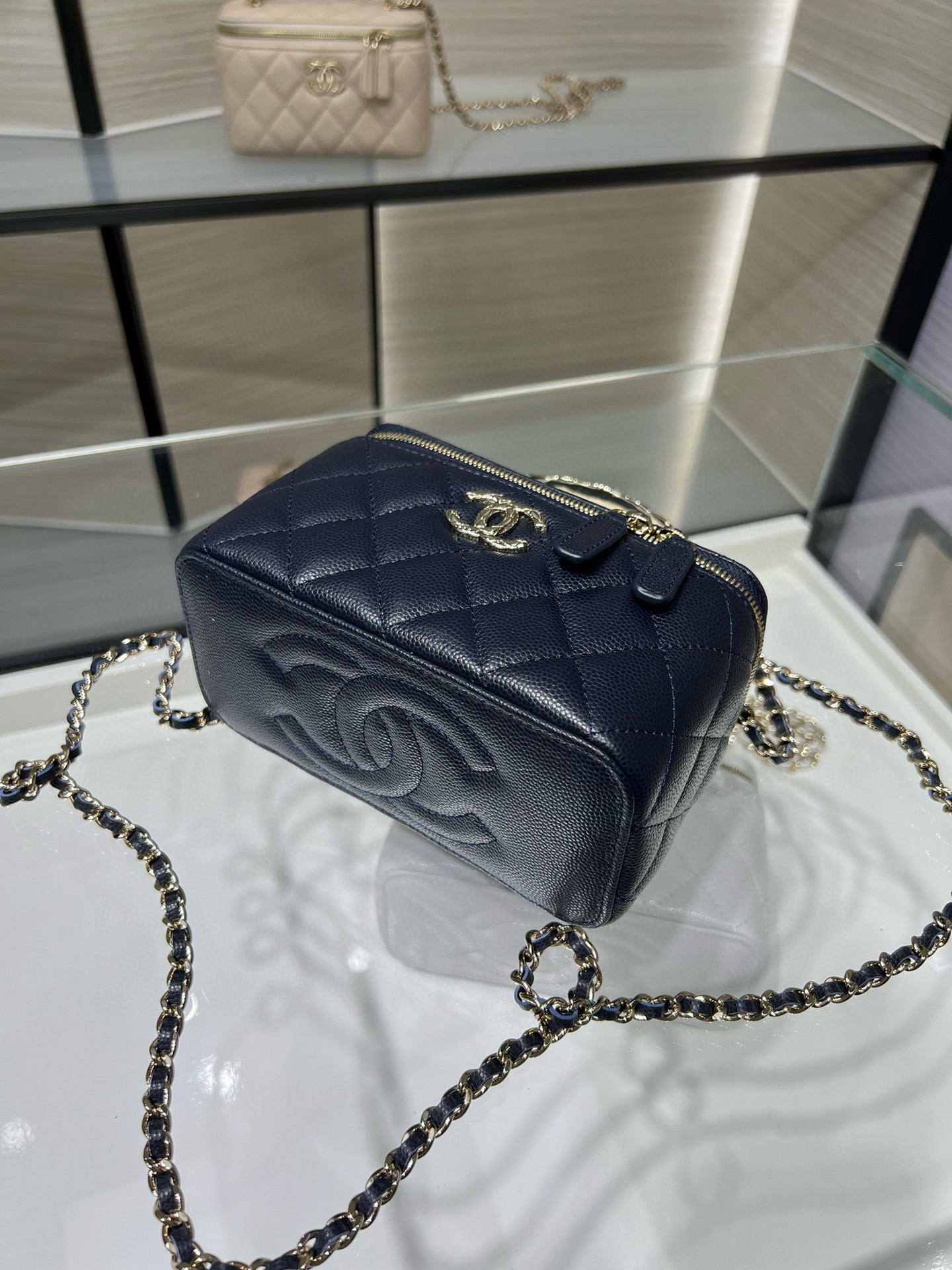 Ch*el clutch with chain deep blue ap4590 17x9.5x8cm
