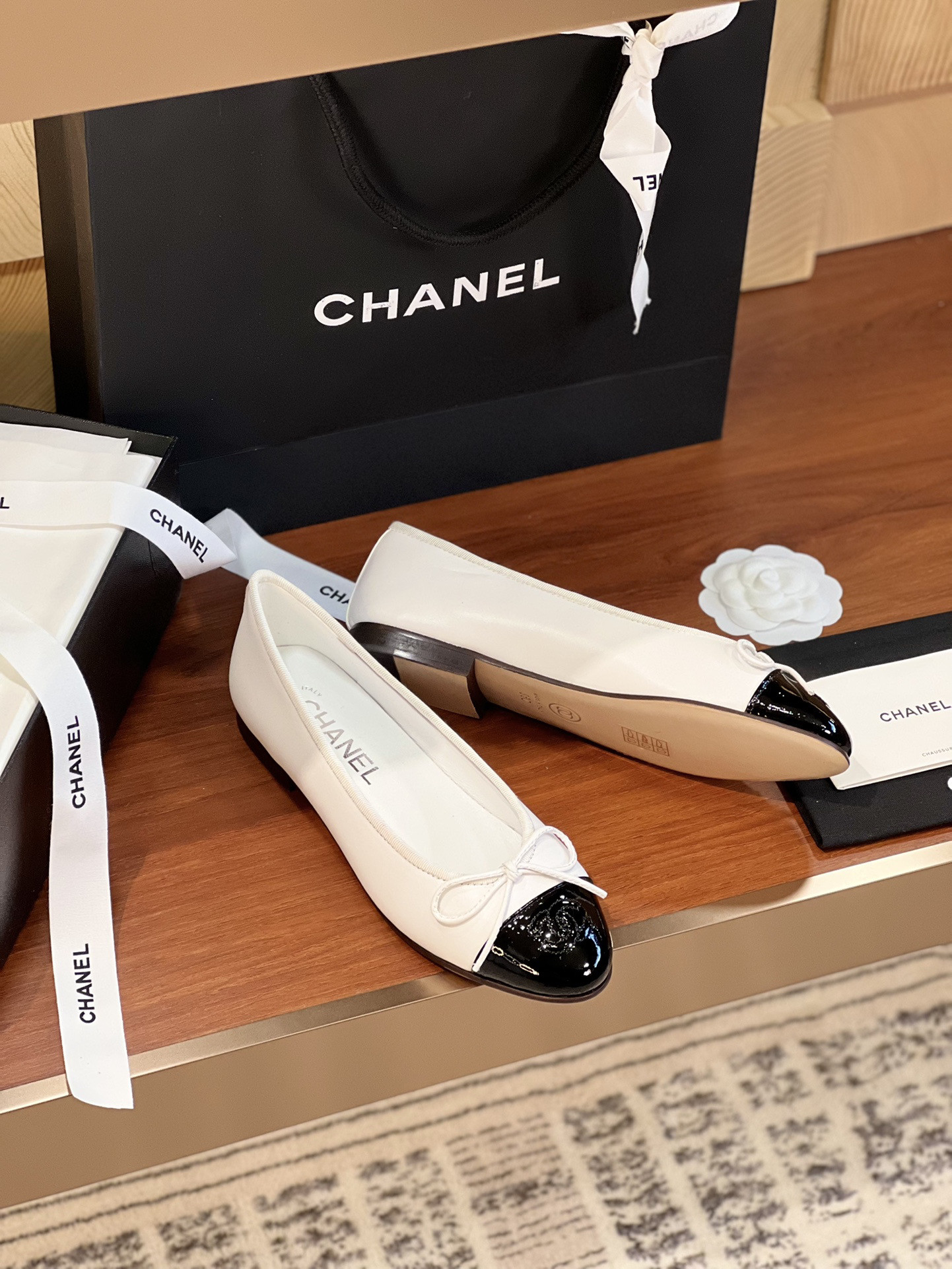 Ch*el BALLET FLATS Lambskin & Grosgrain White & Black