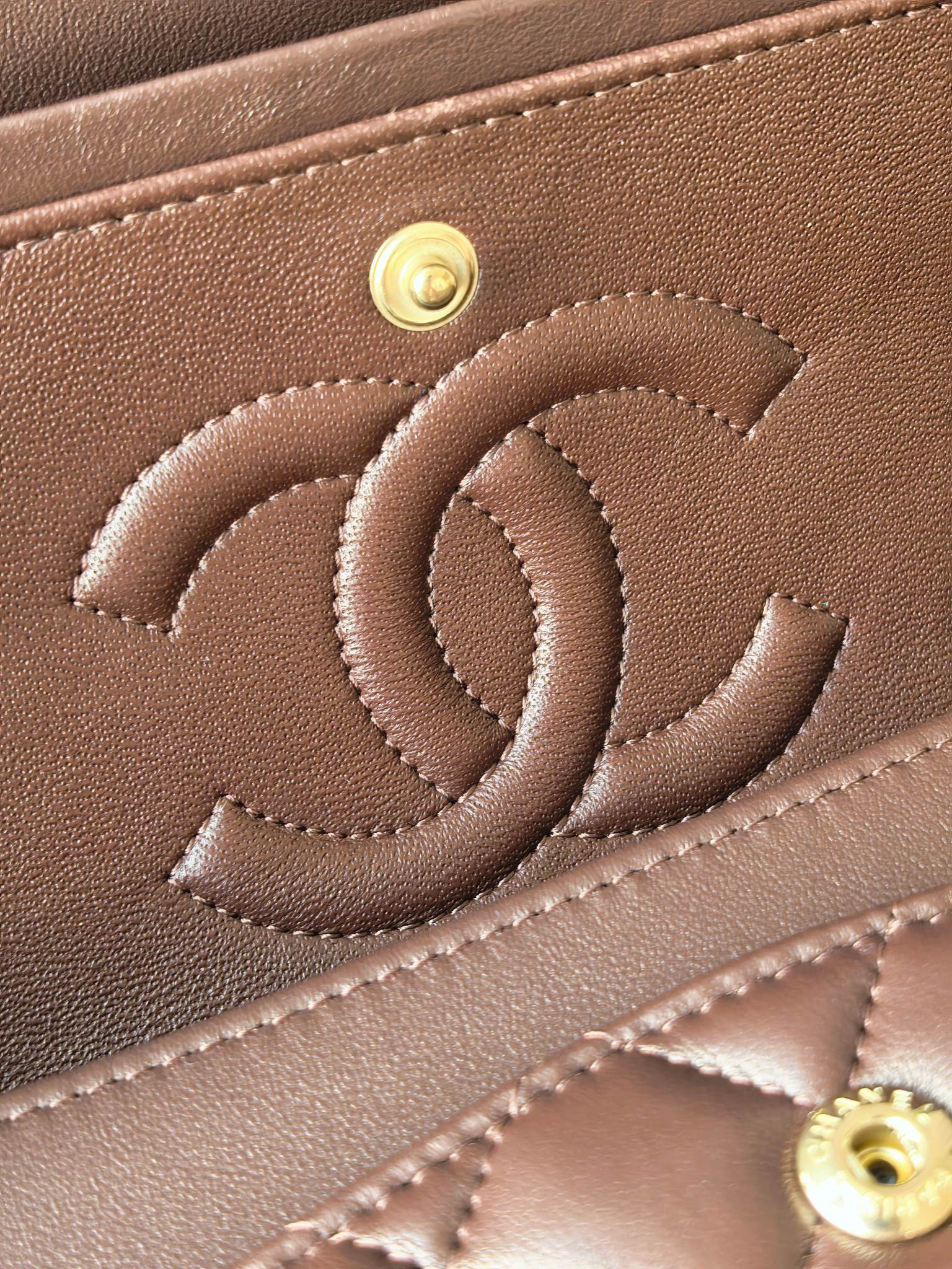 Ch*el classic flap bag coffee brown with light gold hardware 15.5x25.5x6.5cm