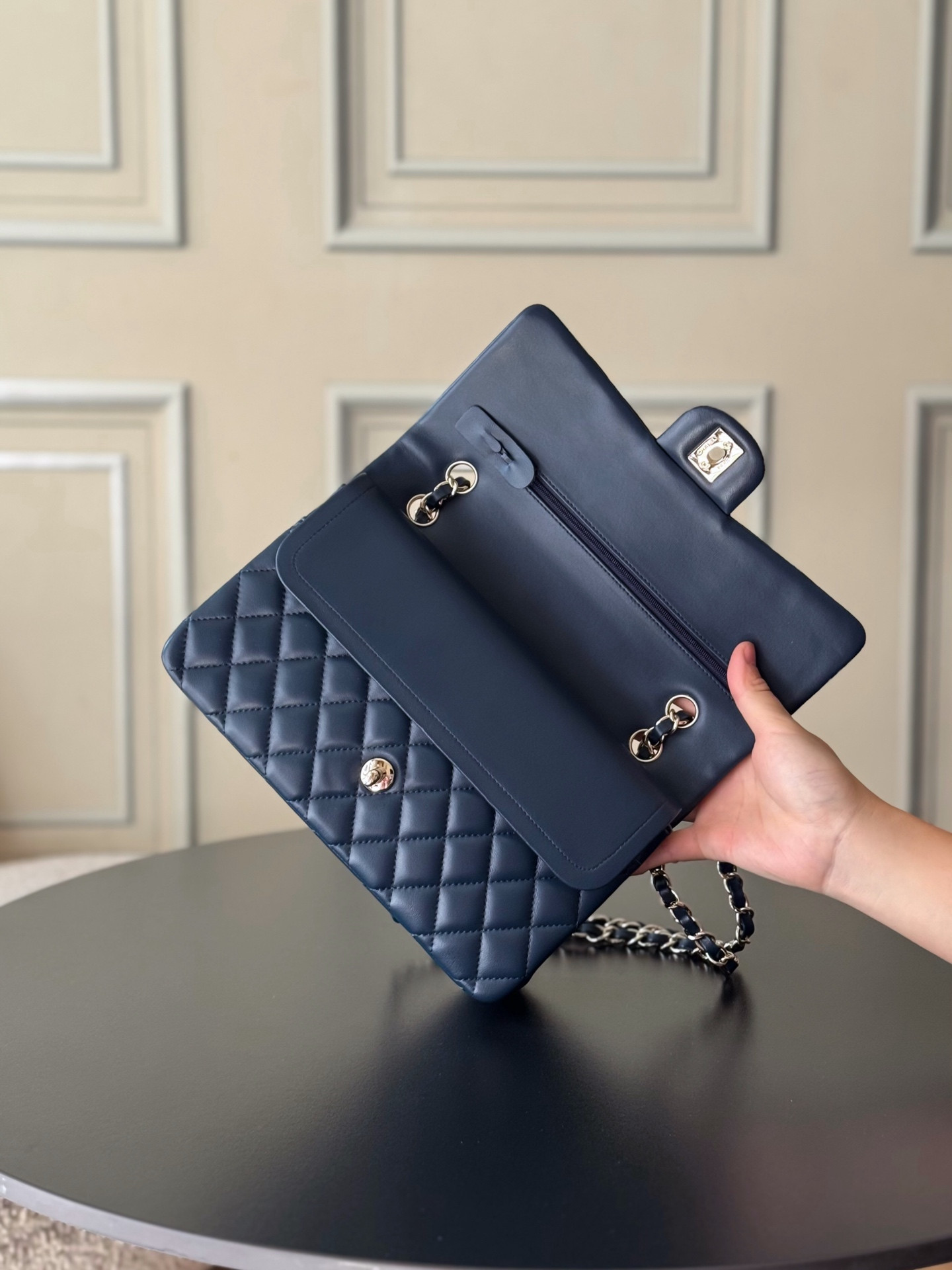 Ch*el flap bag royal blue light gold hardware 25.5x15.5x6.5cm