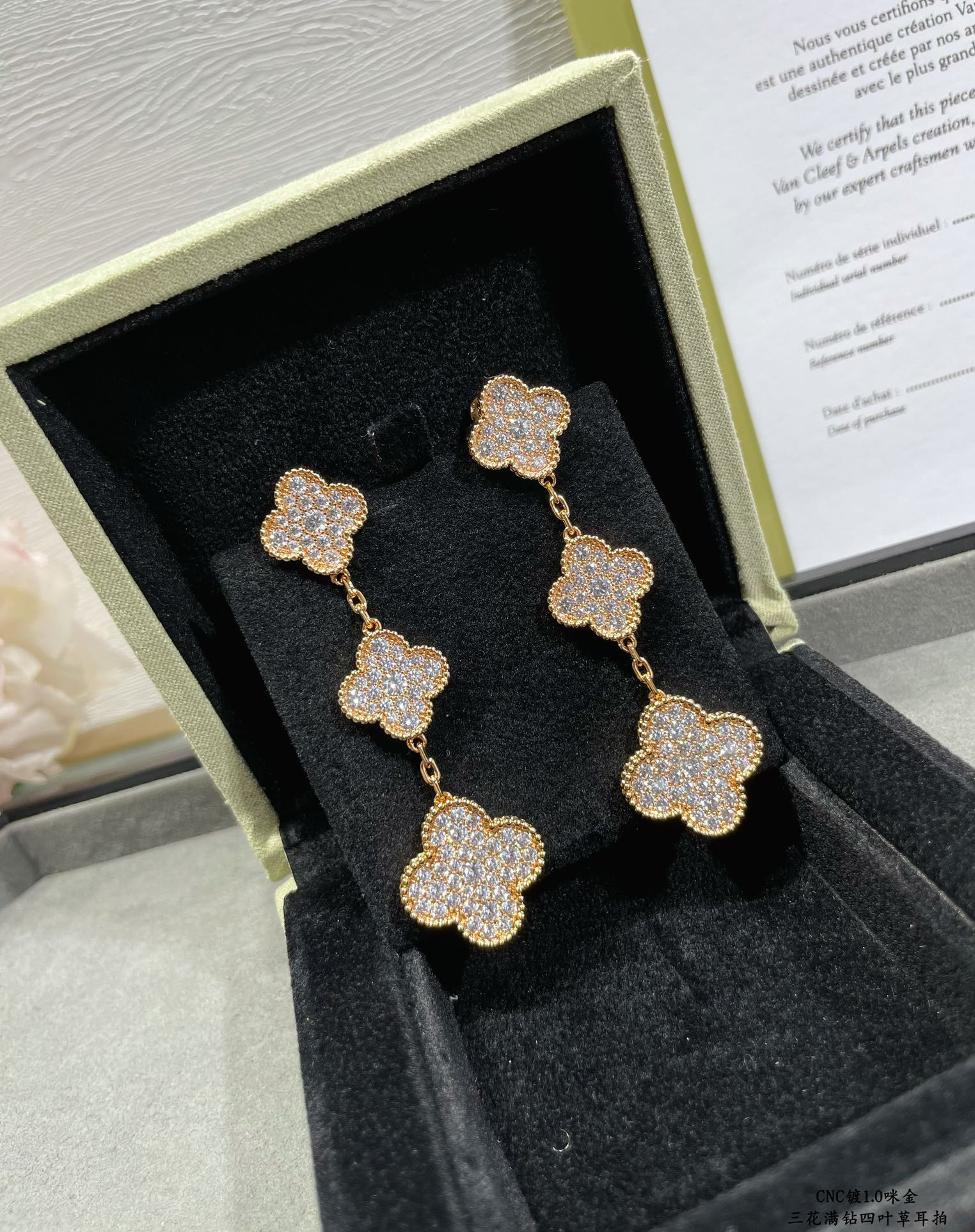 V*N CL*F & Arpels Full diamond three flower four leaf clover Earrings