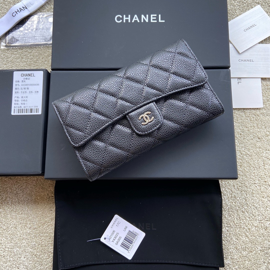 Ch*el FLAP WALLET GRAINED LEATHER BLACK 19.5 x10 cm