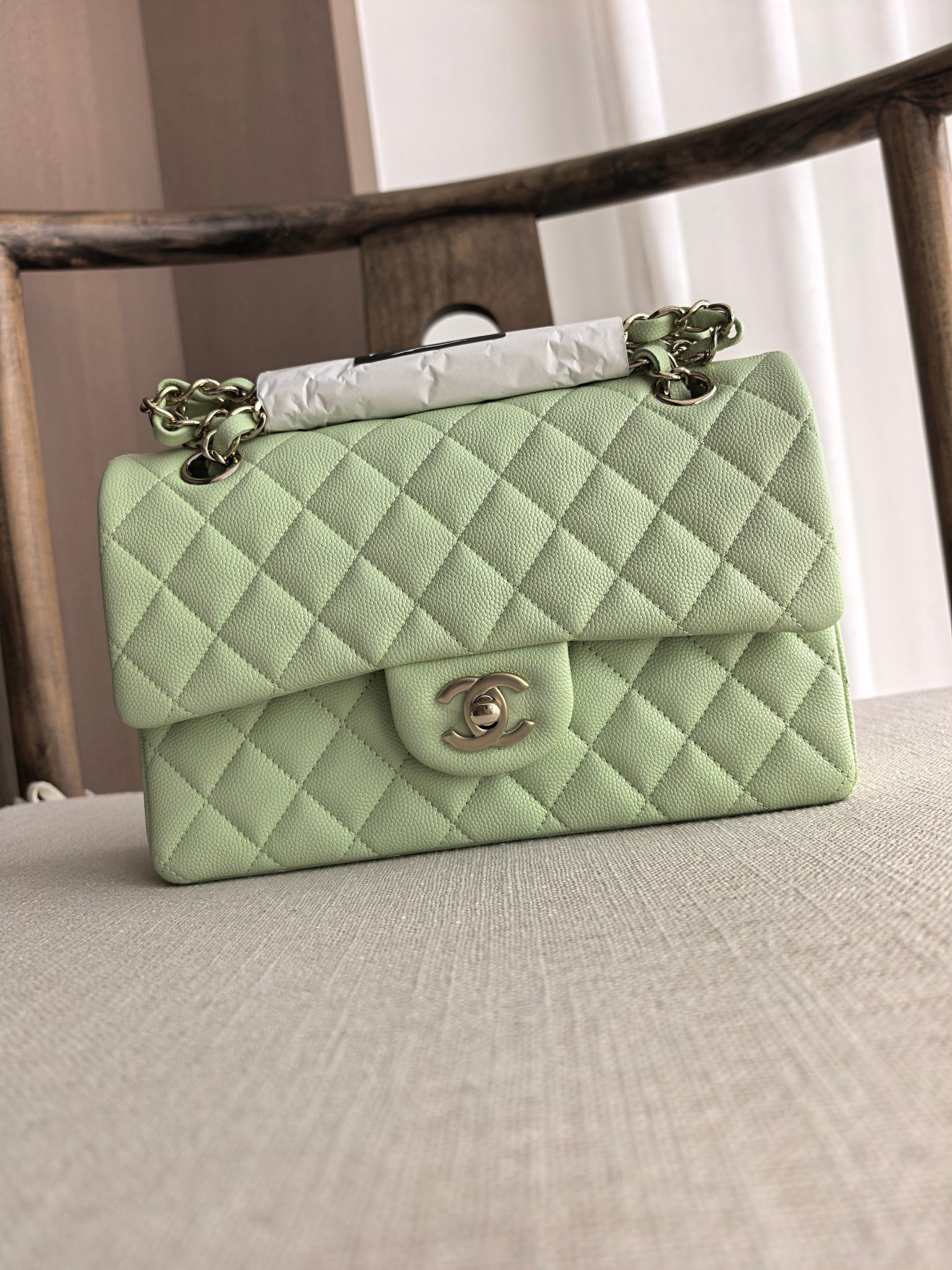 Ch*el classic flap handbag mint green bag with light gold hardware a01113 23x14.5x6cm