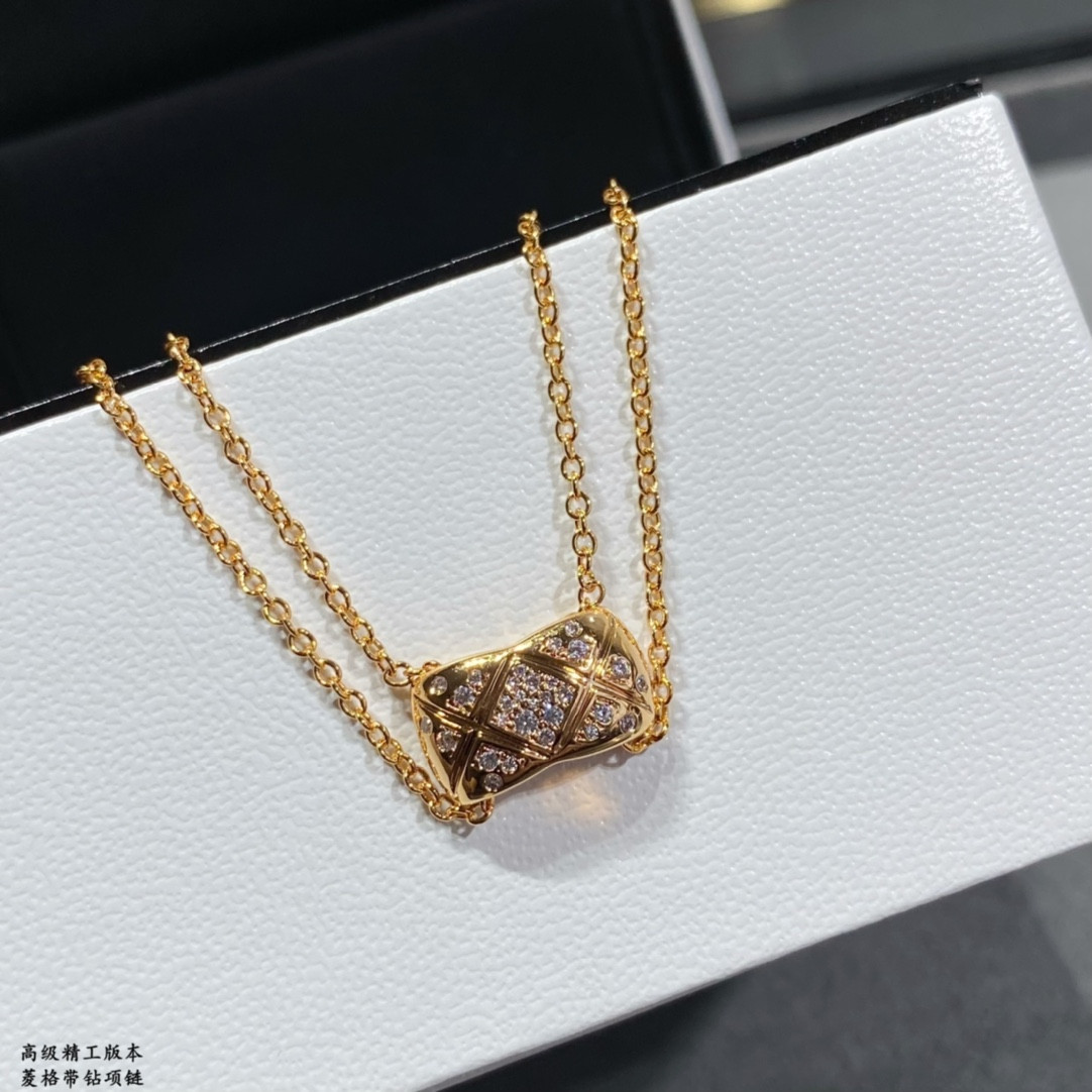 Ch*el Carved diamond with diamond Necklace