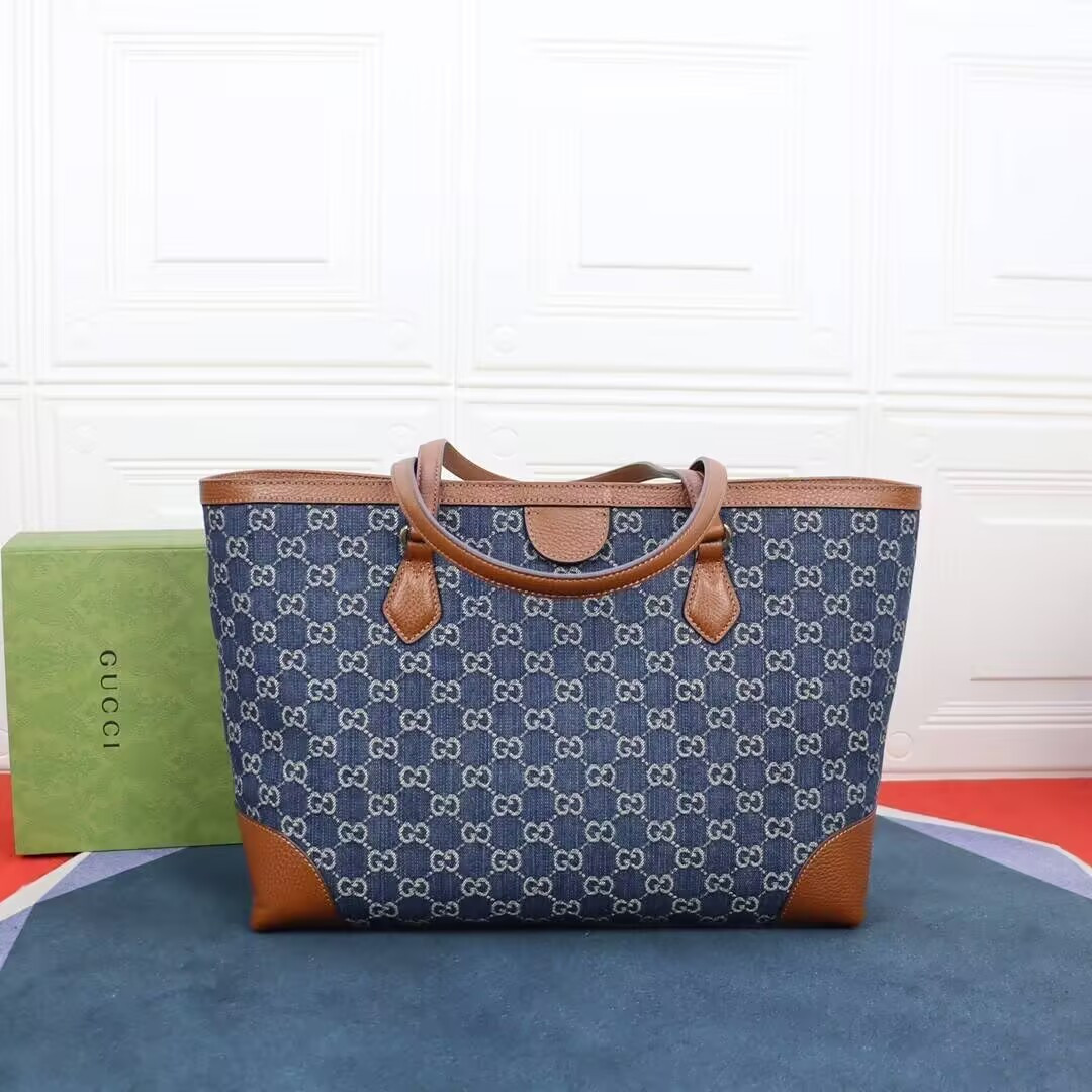 G*u*i Denim GG Monogram Medium Ophidia Shopping Tote 38x28x14cm