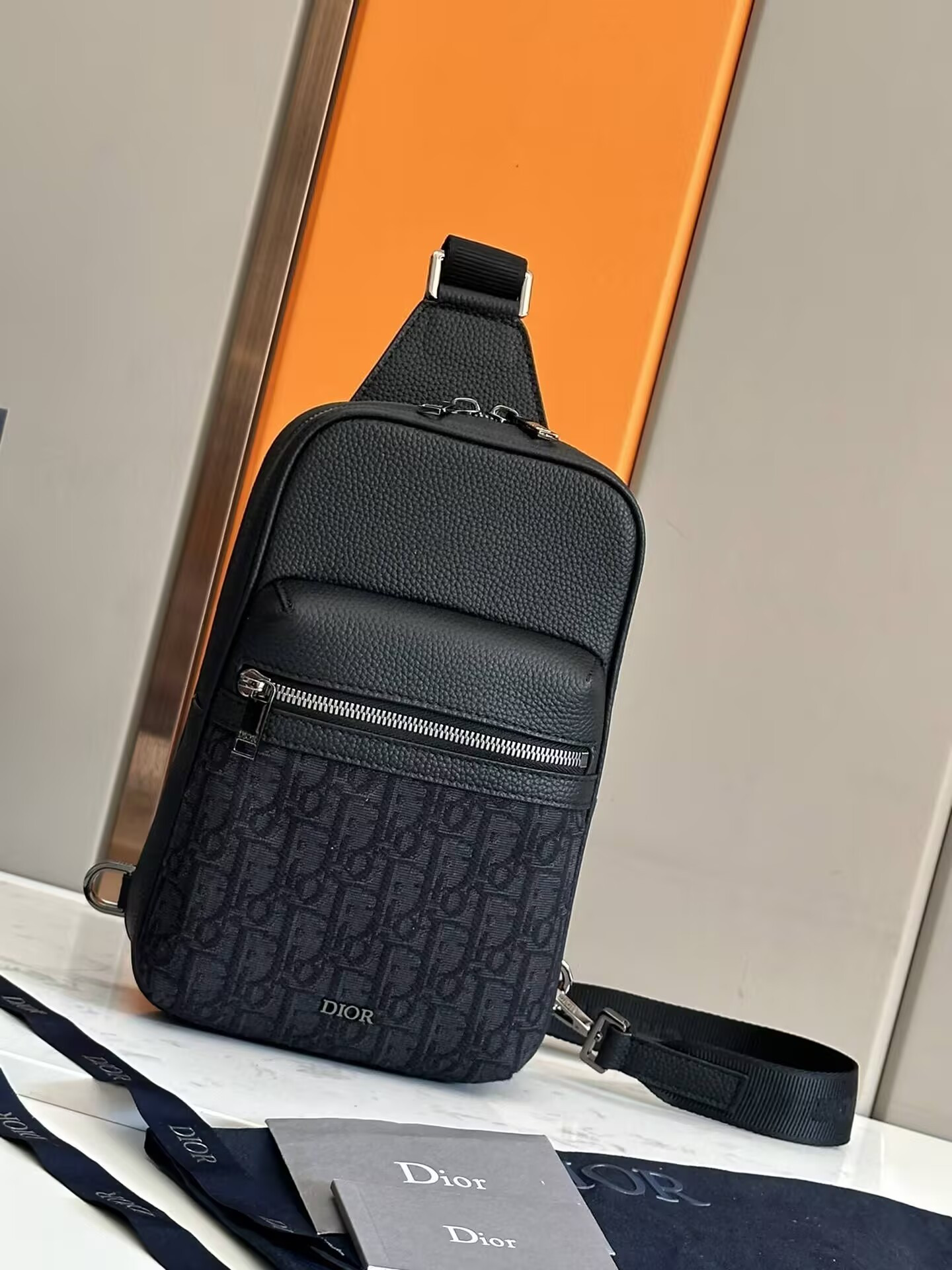 D*0r Rider 2.0 Sling Bag Black D*0r Oblique Jacquard and Black Grained Calfskin 17x26x8cm