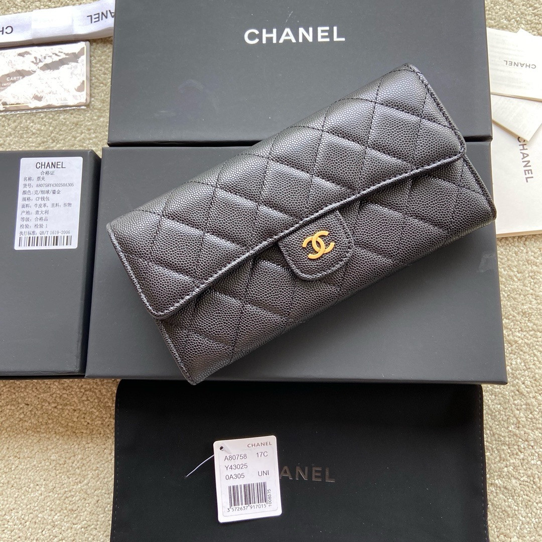 Ch*el FLAP WALLET GRAINED LEATHER BLACK GOLD 19.5 x10 cm