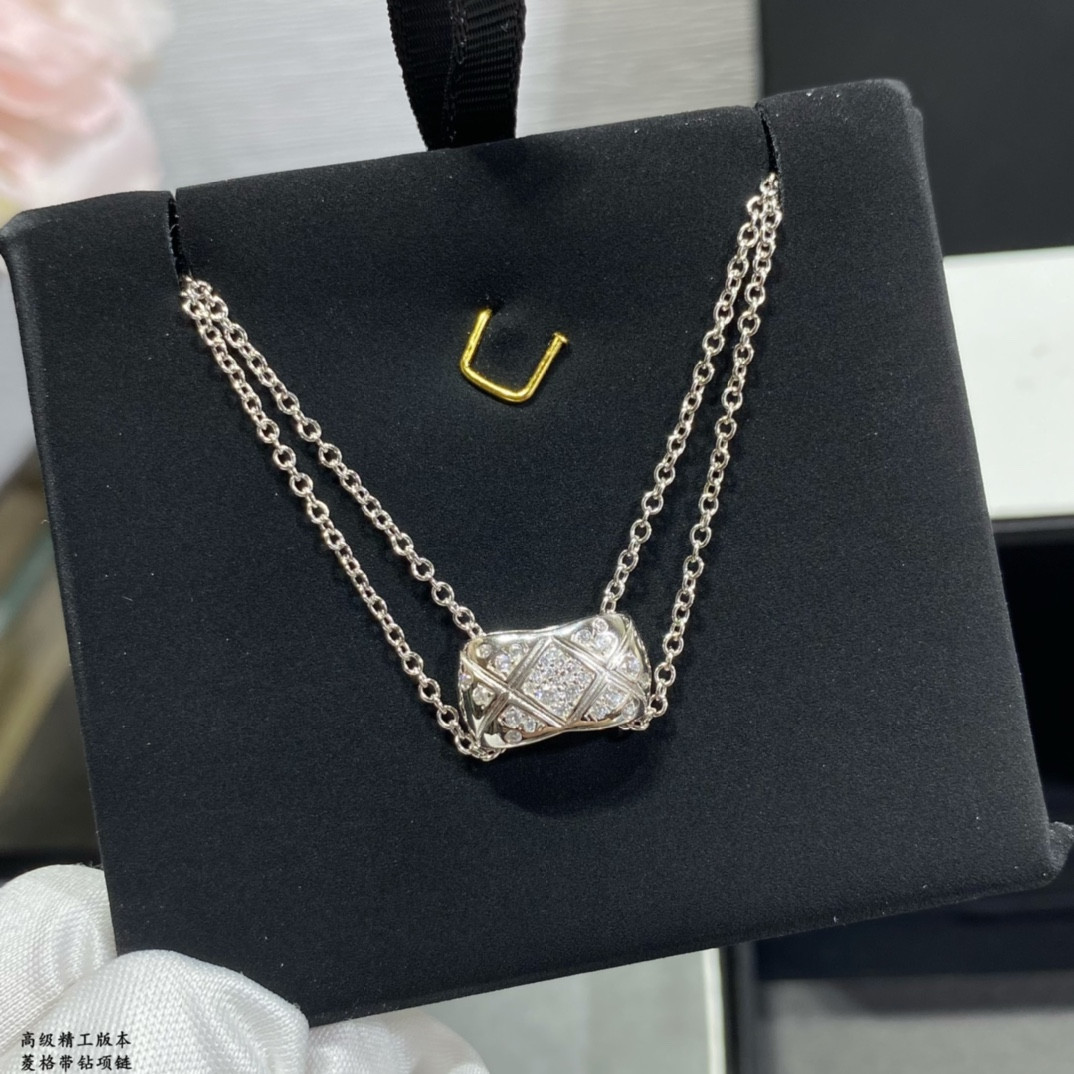 Ch*el Carved diamond with diamond Necklace