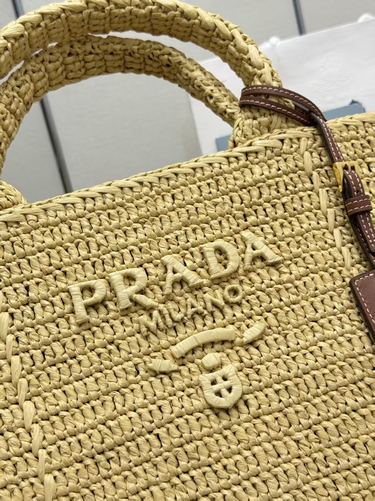 Pra*a large crochet tote bag with leather details without box 23.5x35x22cm