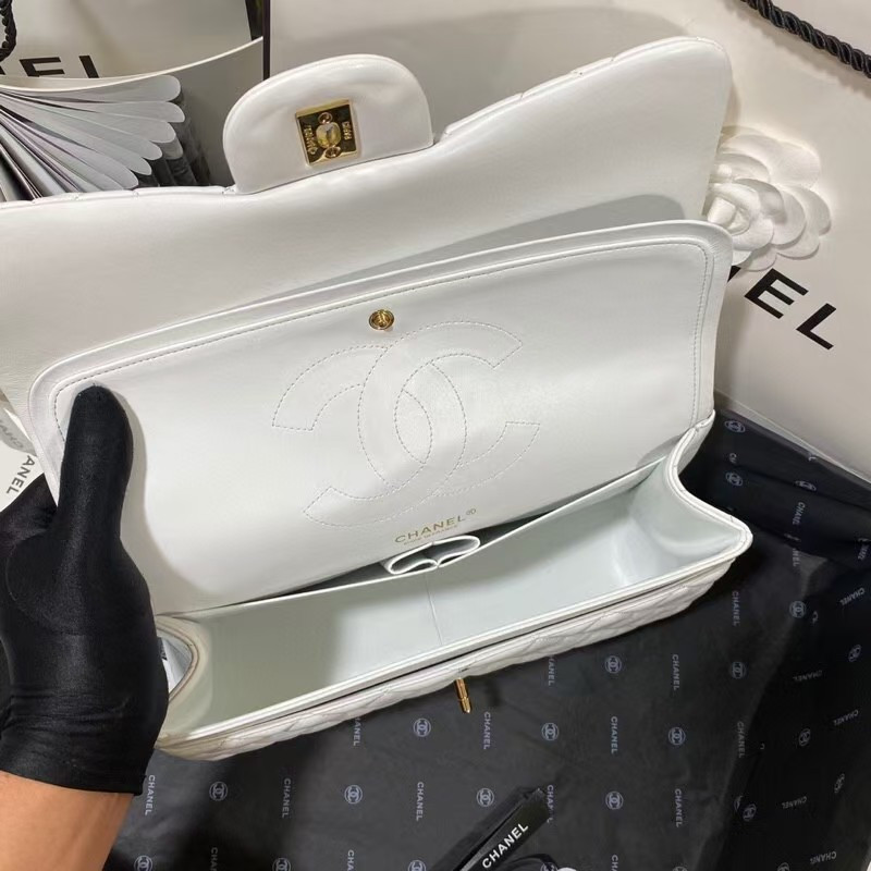 Ch*el Classic Flap Jumbo 30cm CF White Gold 7.6 × 11.7 × 3.9 in