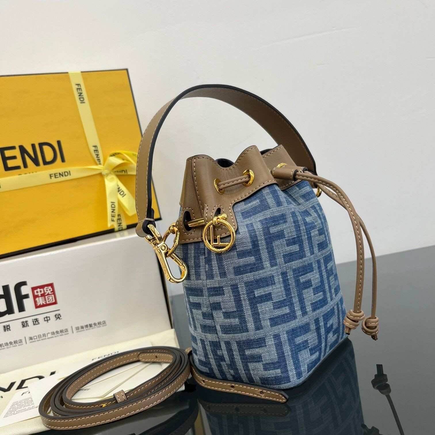 F**di Mon Tresor Mini Ff Denim Fabric Bucket Bag 18x12x10cm