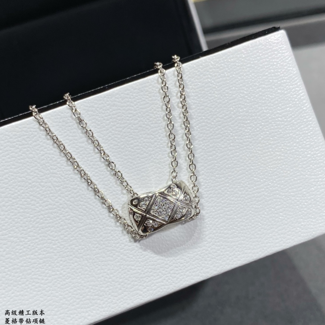 Ch*el Carved diamond with diamond Necklace