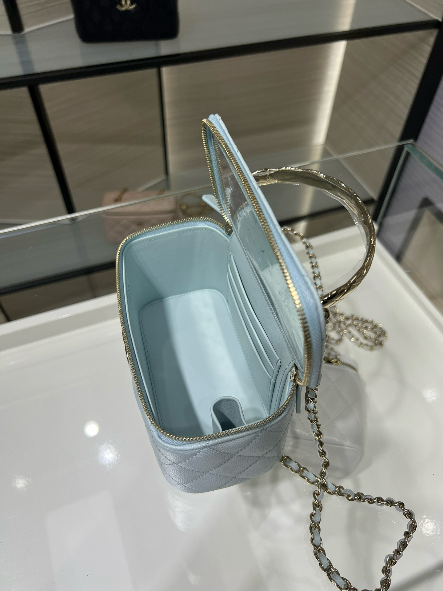 Ch*el clutch with chain light blue ap4590 17x9.5x8cm