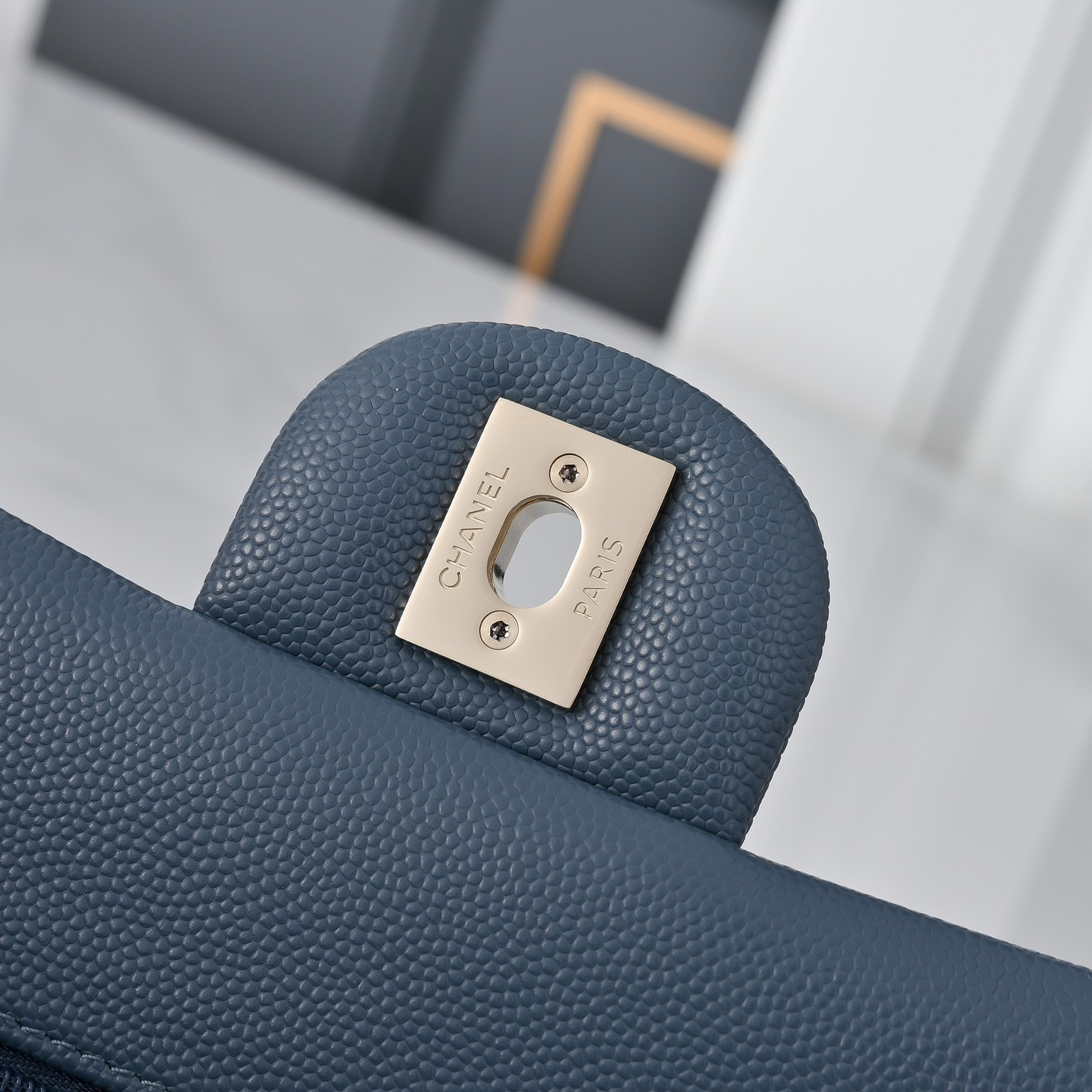 Ch*el classic flap handbag dusty blue with light gold hardware and caviar leather a01113 23x14.5x6cm