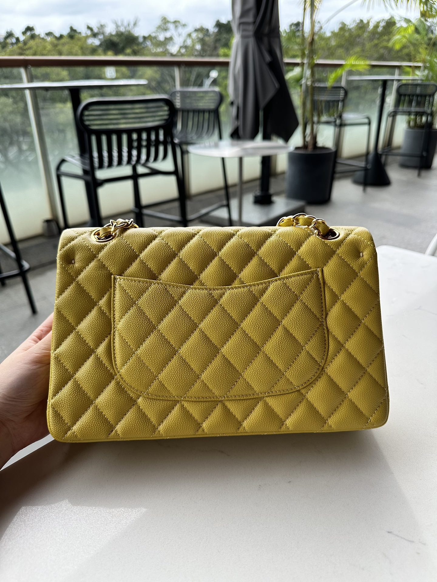 Ch*el CLASSIC HANDBAG GRAINED CALFSKIN & GOLD-TONE METAL yellow 6×9.9×2.5 in