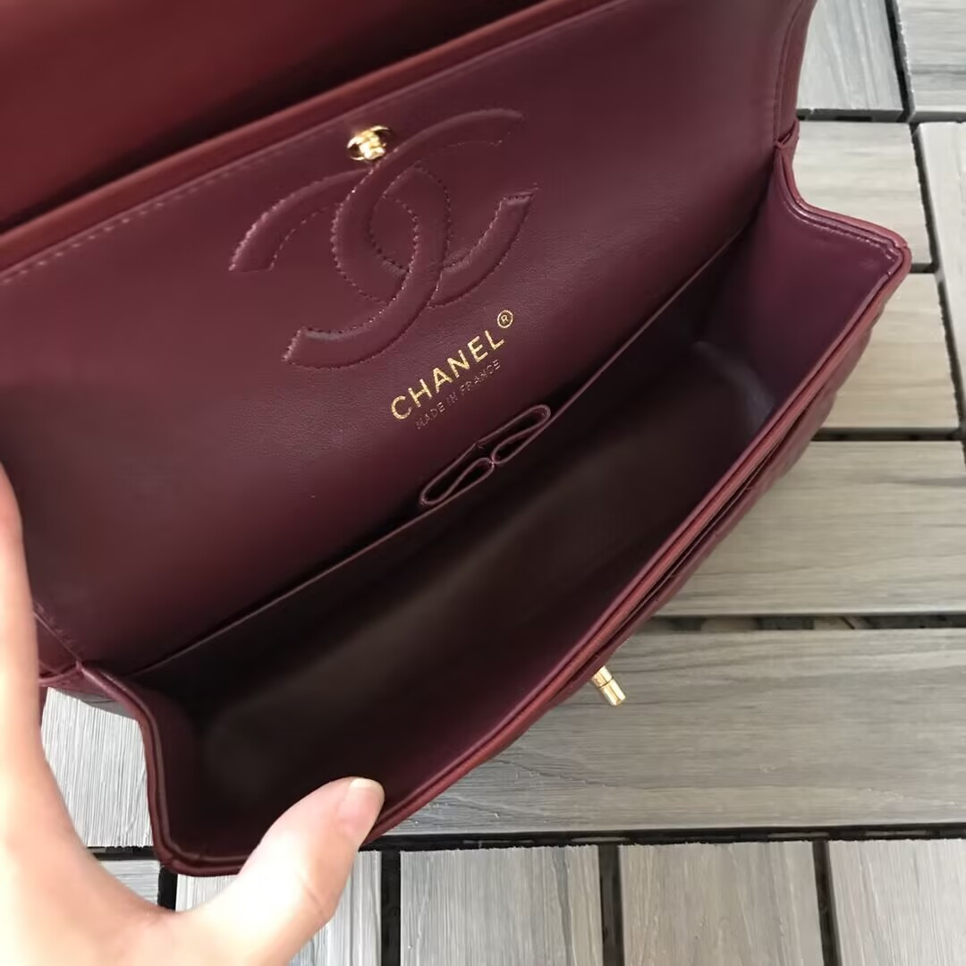 Ch*el CLASSIC 11.12 HANDBAG Lambskin &Brown Metal Burqundy 15.5 x 25.5 x 6.5 cm