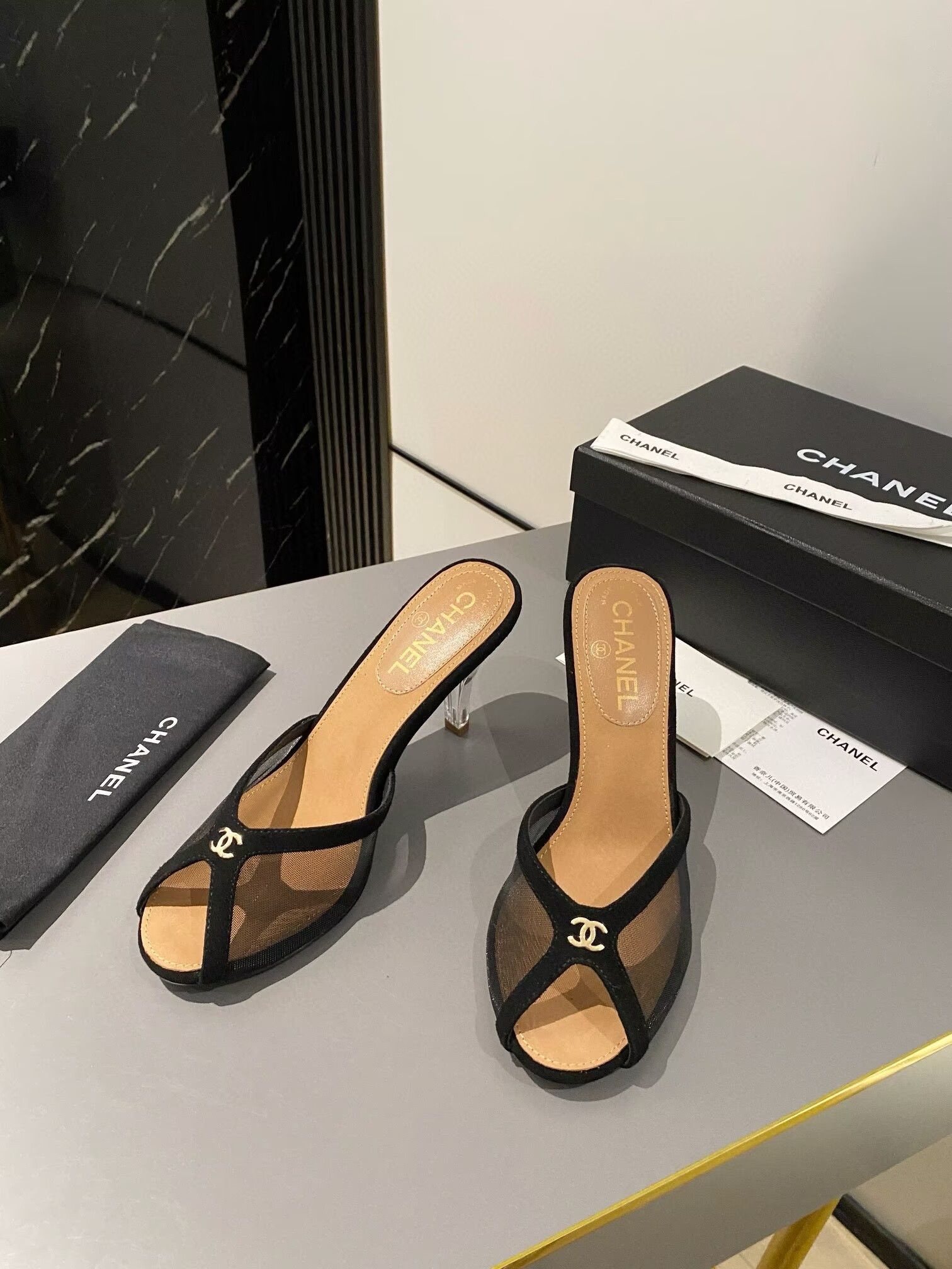 ua Ch*el tulle open-toe sandals