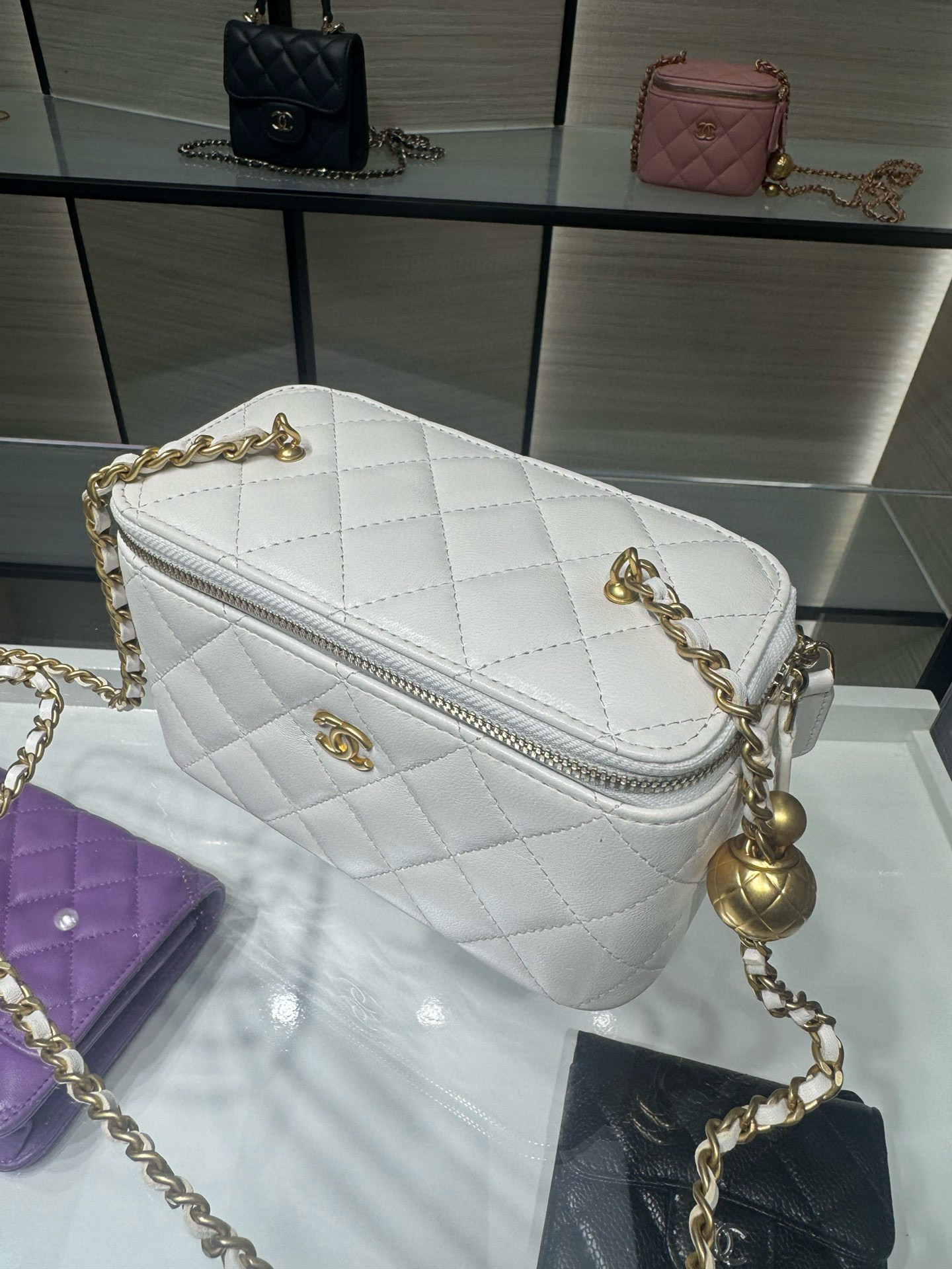 Ch*el Walnut Gold Ball Chain with Makeup Mirror Lamb Leather Square Box Shoulder Bag Women