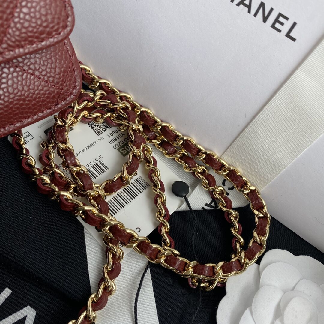 Ch*el WOC CLASSIC WALLET ON CHAIN RED 4.8 × 7.5 × 1.4 in