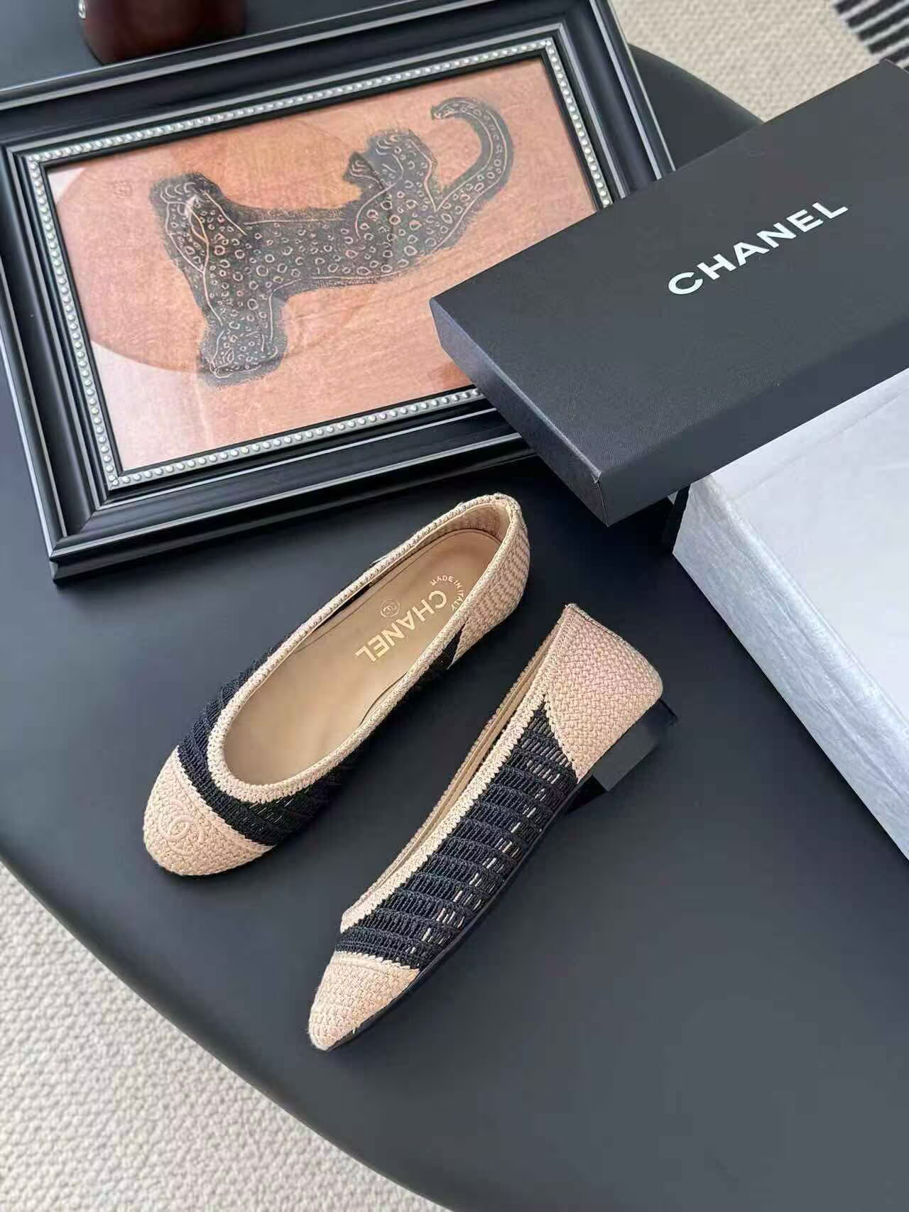 UA Ch*el Raffia Cap Toe Ballet Flats