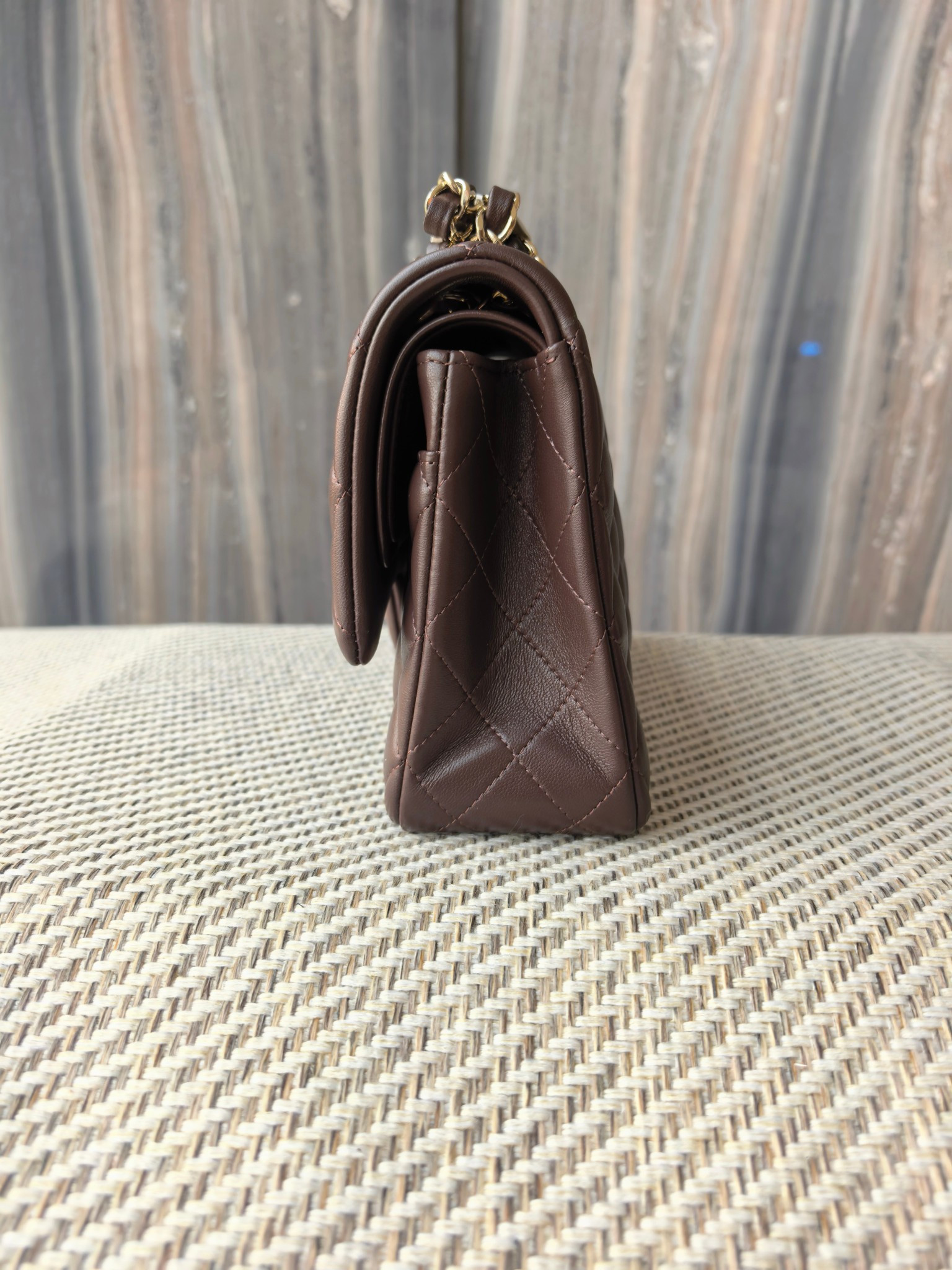 Ch*el classic flap bag coffee brown with light gold hardware 15.5x25.5x6.5cm