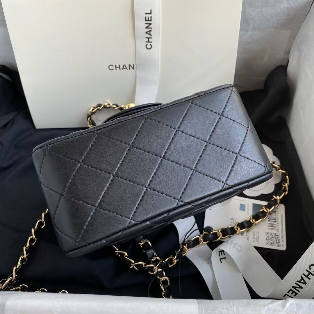 Ch*el Mini Classic Handbag Lambskin & Gold-Tone Metal Black 5.3 × 6.6 × 3.1 in