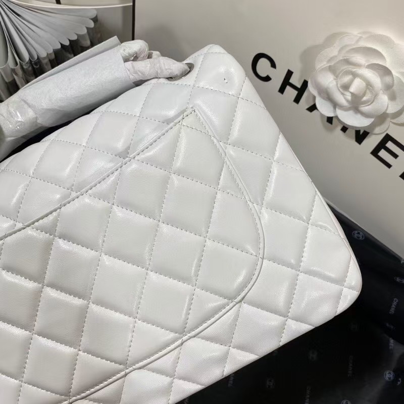 Ch*el Classic Flap Jumbo 30cm CF White Silver 7.6 × 11.7 × 3.9 in