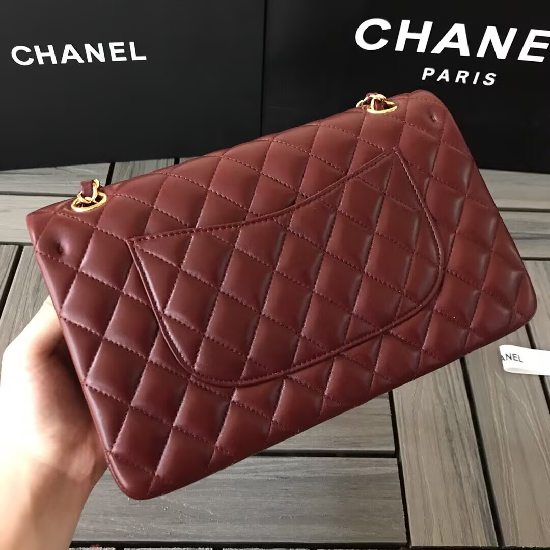 Ch*el CLASSIC 11.12 HANDBAG Lambskin &Brown Metal Burqundy 15.5 x 25.5 x 6.5 cm