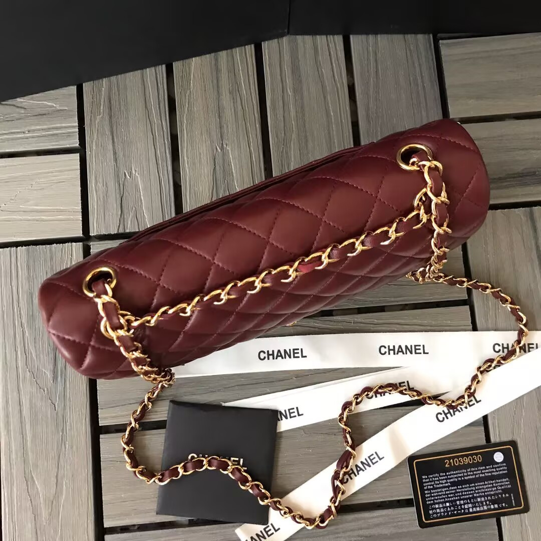 Ch*el CLASSIC 11.12 HANDBAG Lambskin &Brown Metal Burqundy 15.5 x 25.5 x 6.5 cm