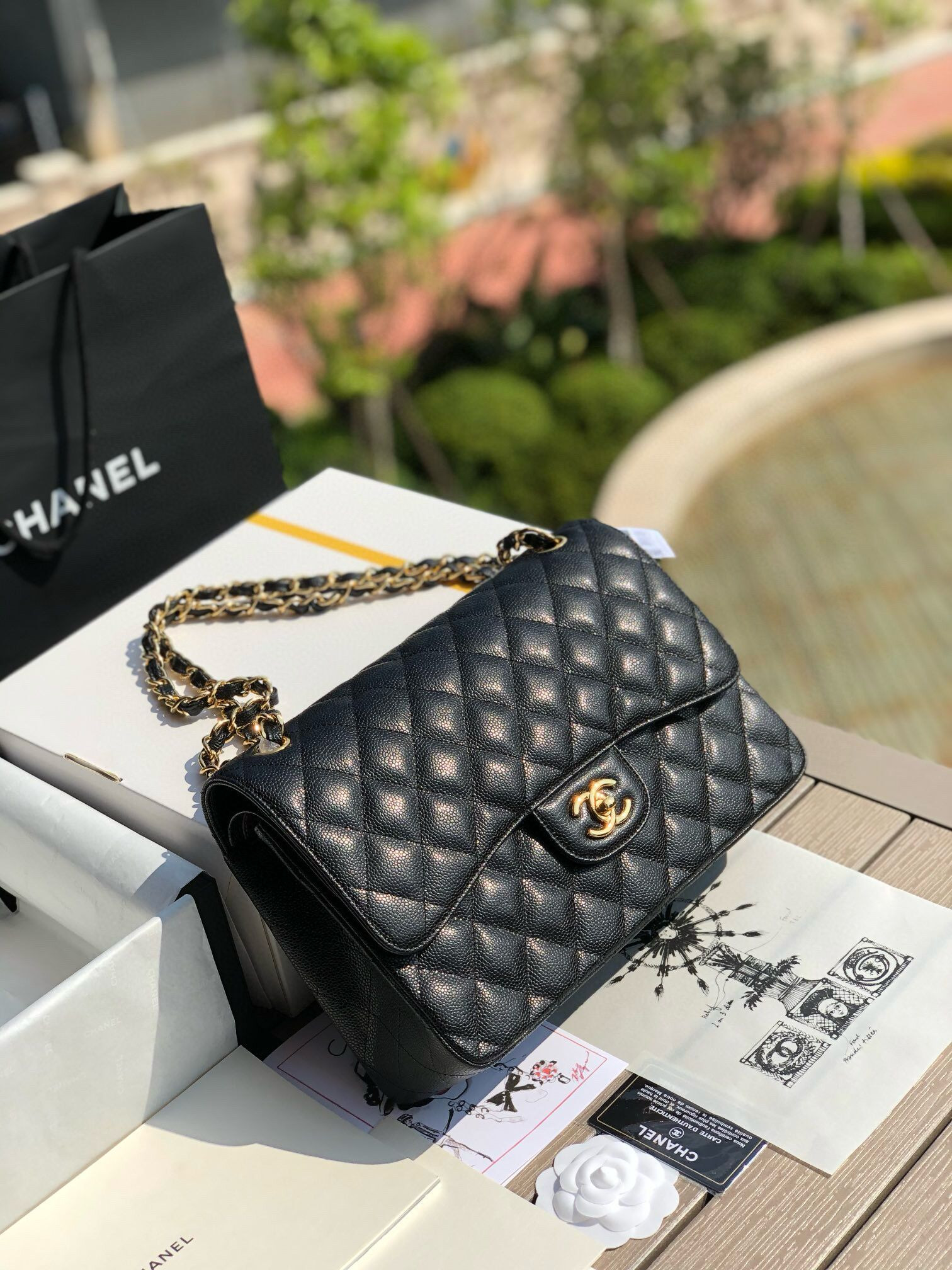 Ch*el Classic Flap Jumbo 30cm CF Black Gold 7.6 × 11.7 × 3.9 in