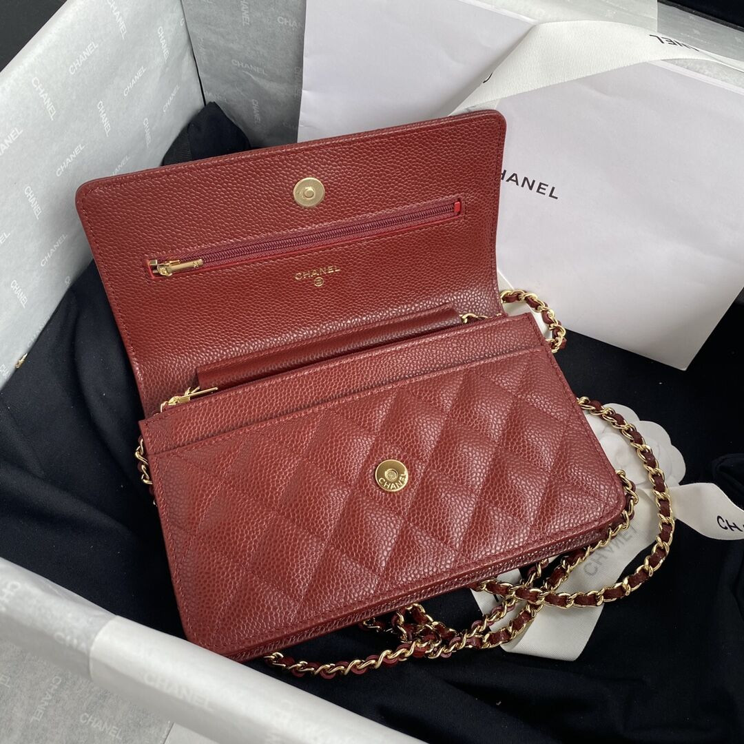 Ch*el WOC CLASSIC WALLET ON CHAIN RED 4.8 × 7.5 × 1.4 in