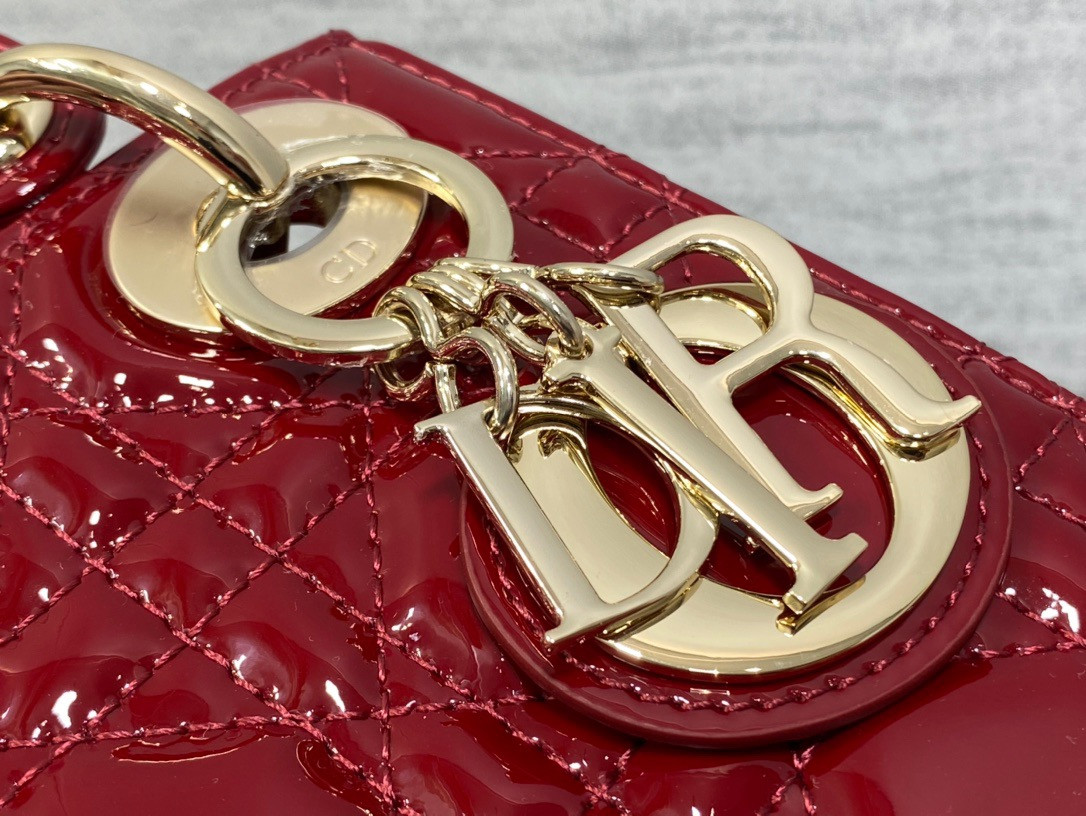 Mini Lady D*0r Bag Cherry Red Patent Cannage Calfskin 6.5 x 6 x 3 inches