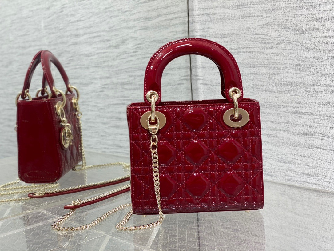 Mini Lady D*0r Bag Cherry Red Patent Cannage Calfskin 6.5 x 6 x 3 inches