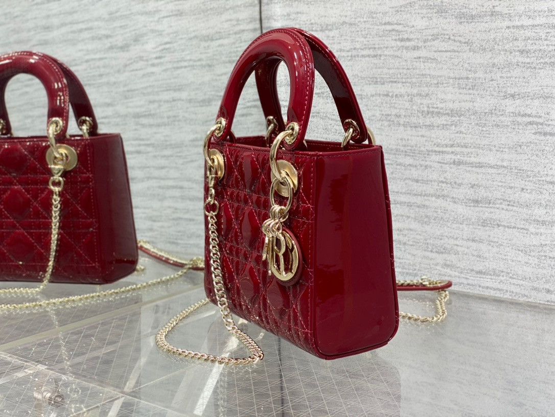 Mini Lady D*0r Bag Cherry Red Patent Cannage Calfskin 6.5 x 6 x 3 inches