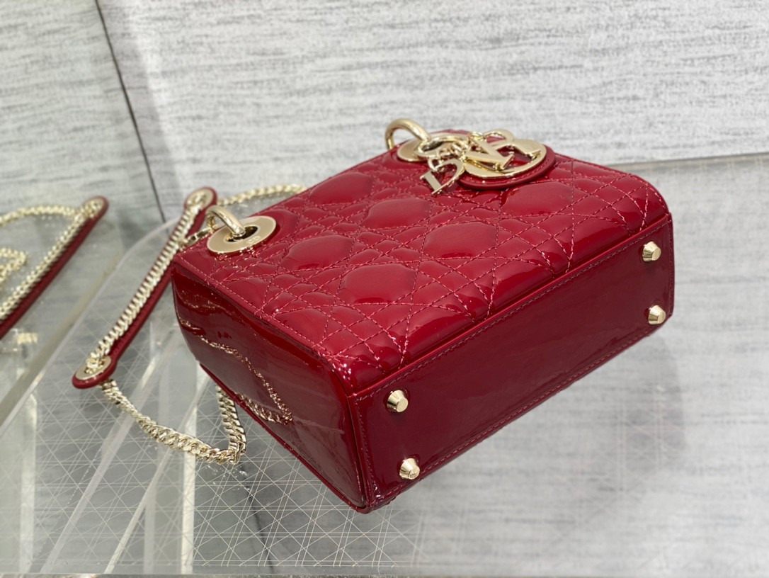 Mini Lady D*0r Bag Cherry Red Patent Cannage Calfskin 6.5 x 6 x 3 inches