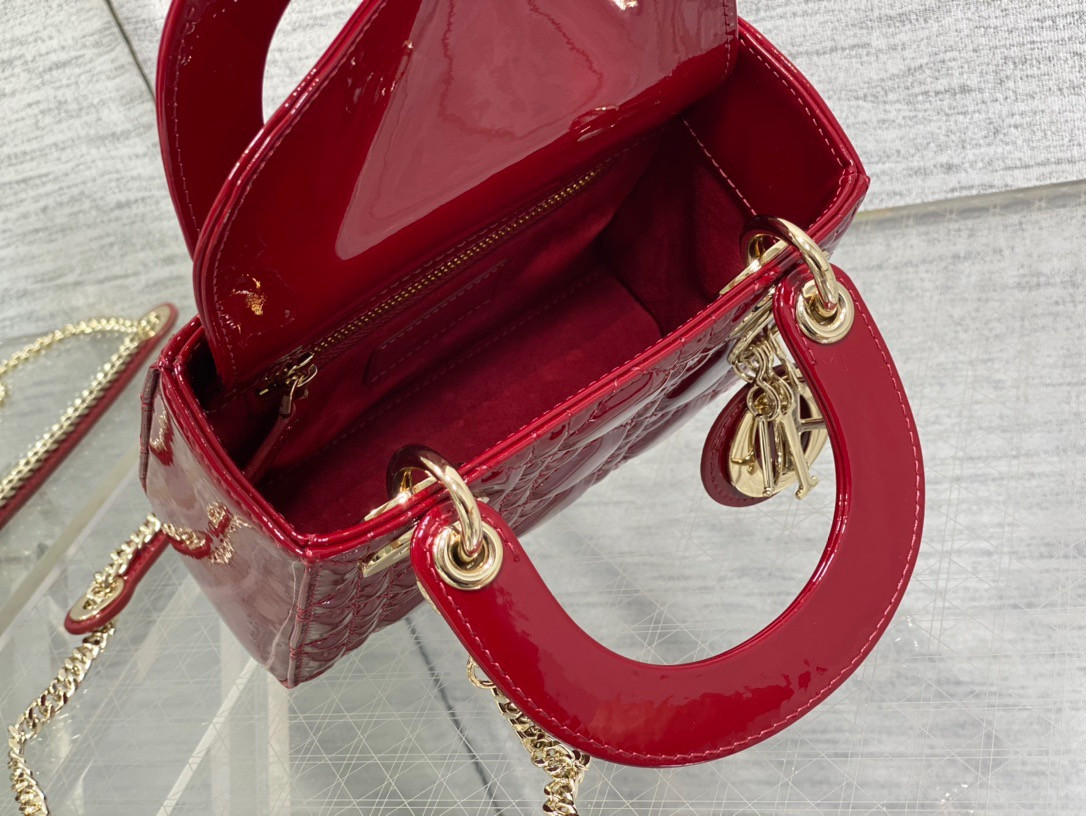 Mini Lady D*0r Bag Cherry Red Patent Cannage Calfskin 6.5 x 6 x 3 inches