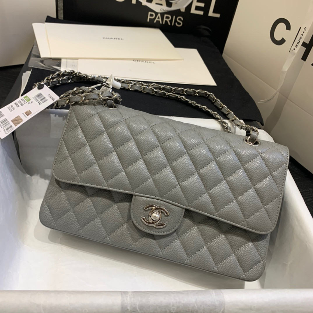 Ch*el Classic Handbag in Grained Litchi Pattern Calfskin & Silver-Tone Metal, Gray 6 × 9.9 × 2.5 inches