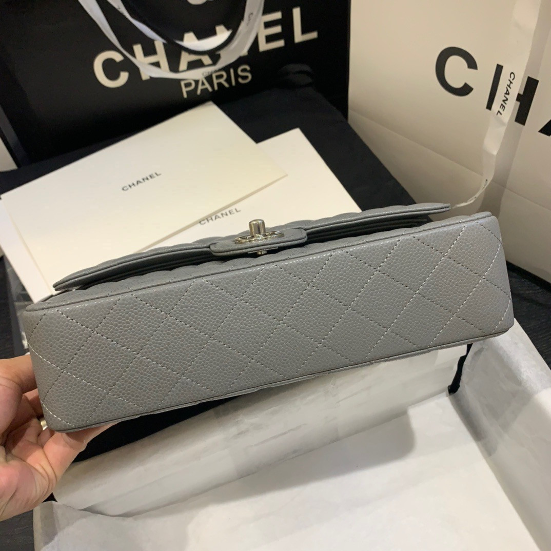 Ch*el Classic Handbag in Grained Litchi Pattern Calfskin & Silver-Tone Metal, Gray 6 × 9.9 × 2.5 inches