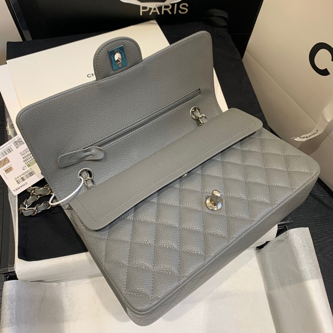 Ch*el Classic Handbag in Grained Litchi Pattern Calfskin & Silver-Tone Metal, Gray 6 × 9.9 × 2.5 inches